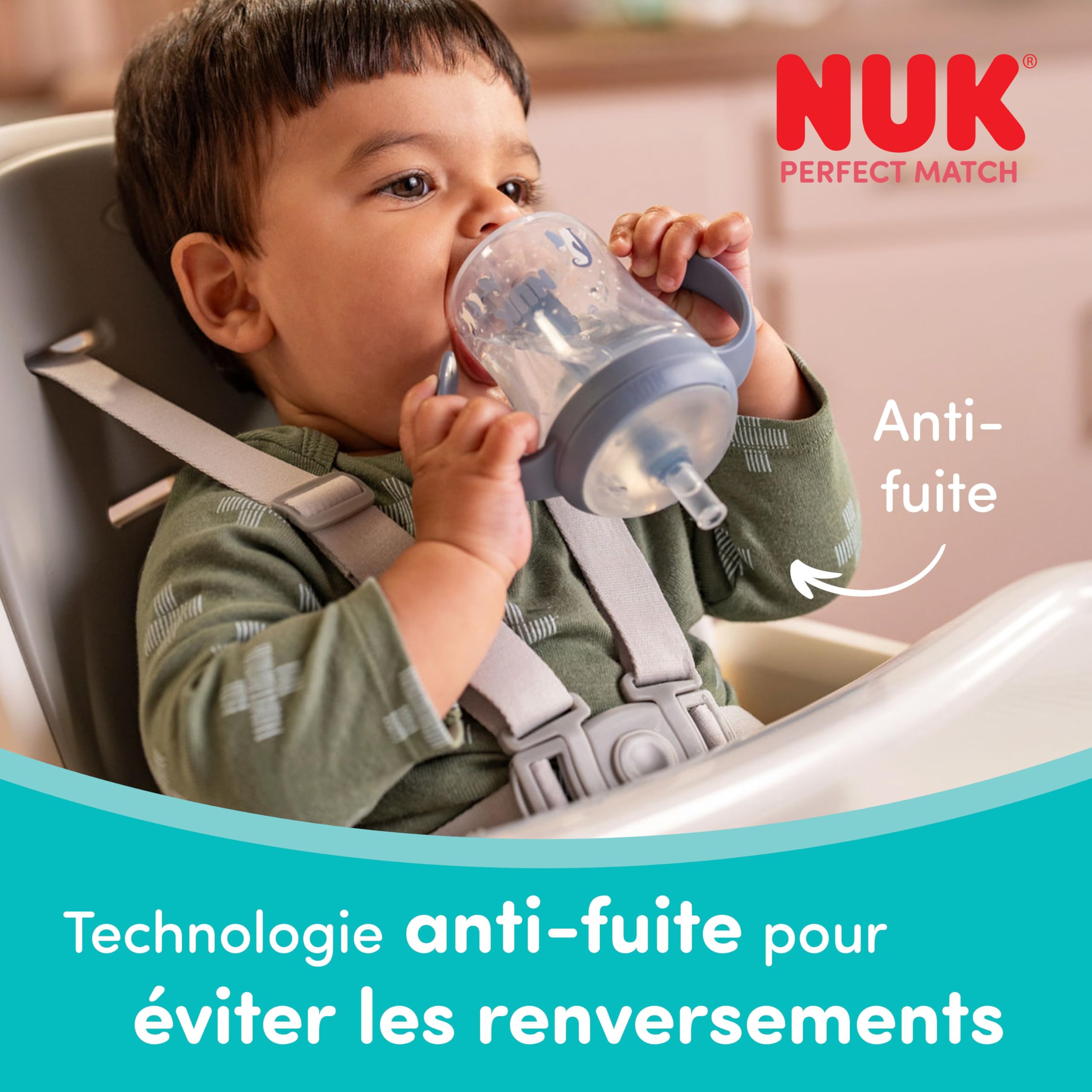 NUK Perfect Match Tasse d’apprentissage avec paille pour bébé | 8+ mois | 260 ml | Tasse avec paille anti-fuite pour bébé | Poignées antidérapantes | Rose | Lot de 1