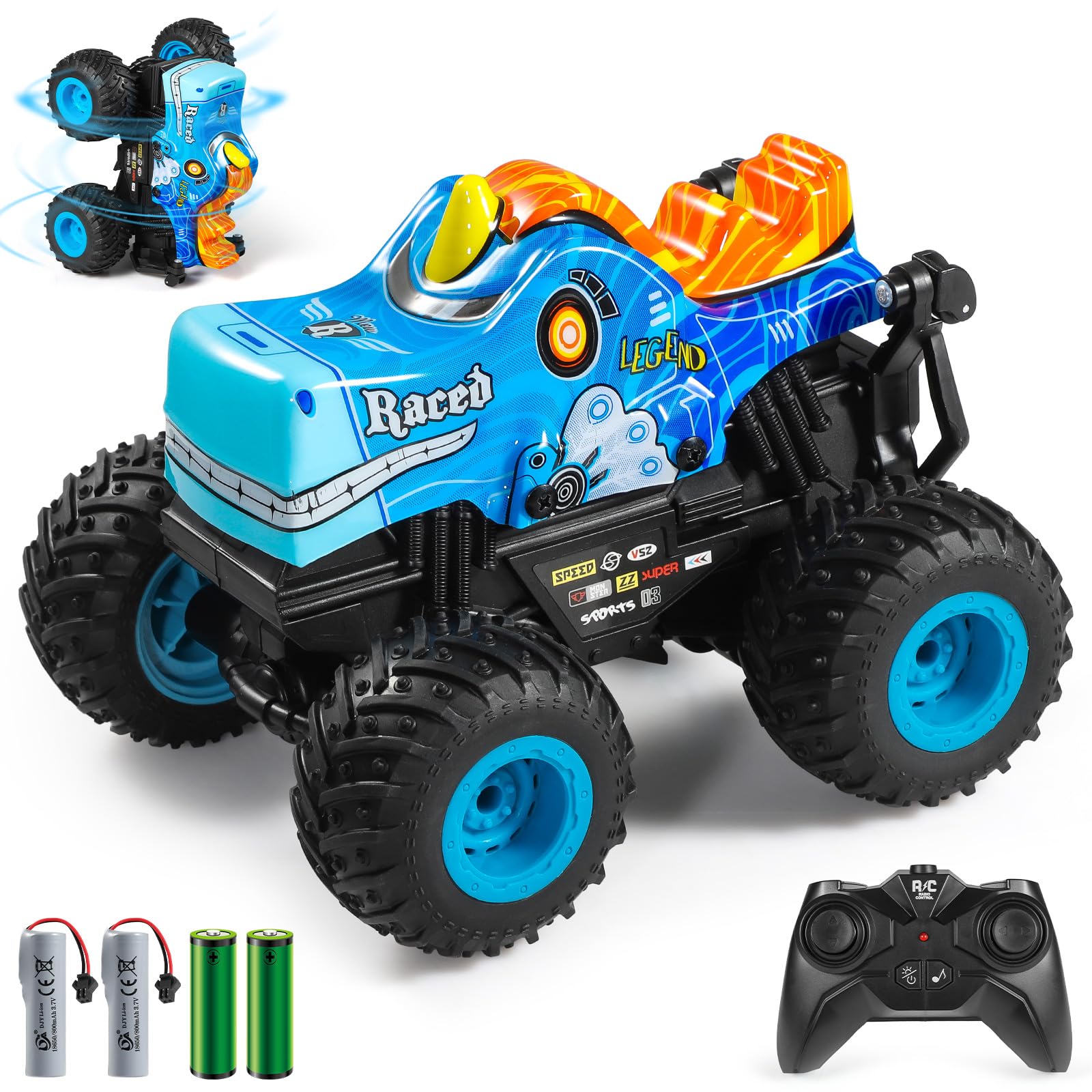 DYODYORC Remote Control Car, 2.4Ghz All Terrain Pony Monster Truck Toys, RC Truck with Music, 3 Lighting Effects, 360 Stunt Capable, All Included Ready to Run, Toy Gifts for Boys and Girls (Blue)