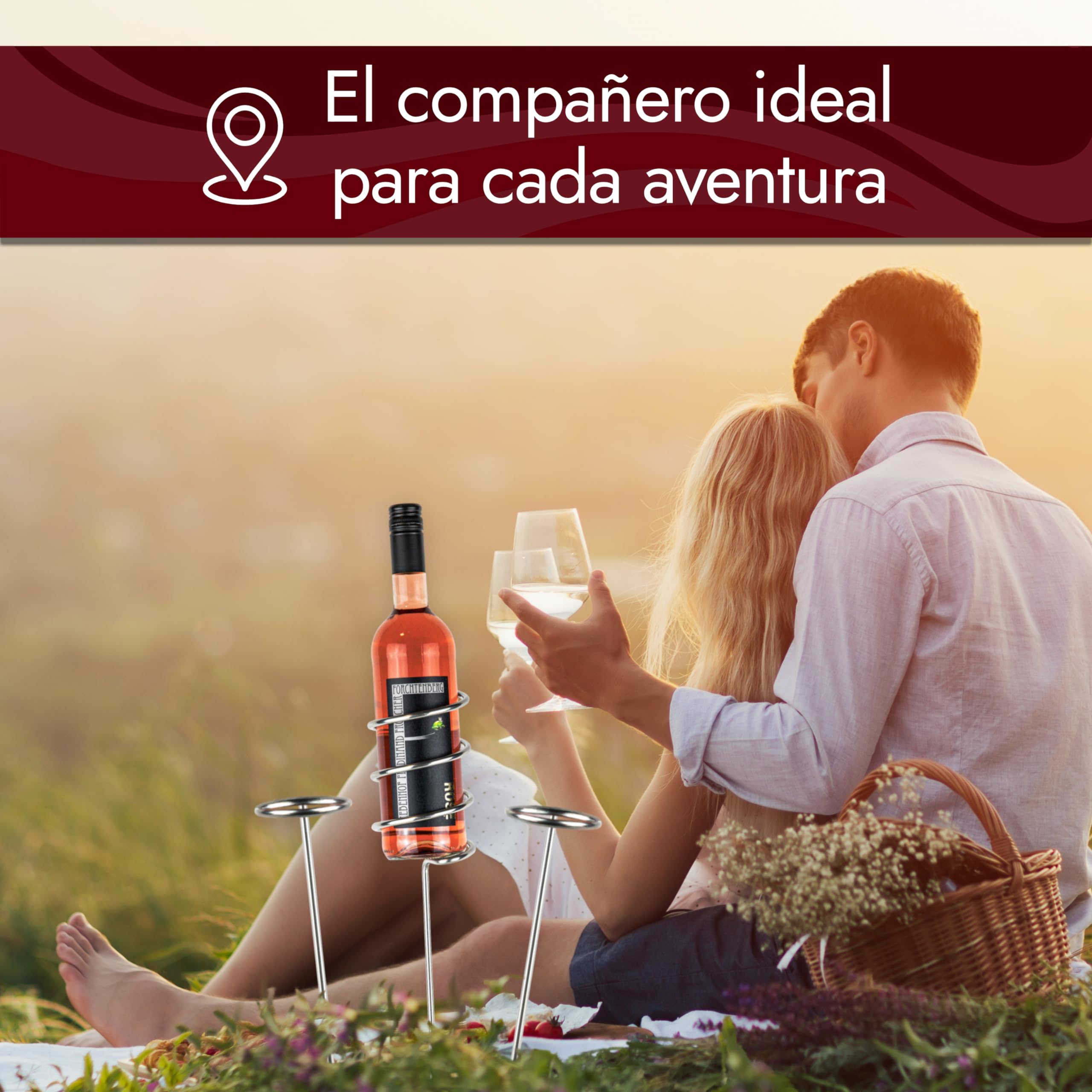 Soporte para botellas de vino de acero inoxidable, para disfrutar del vino en cualquier lugar, el gadget para pícnic en la playa en el jardín y en el camping (juego de iniciación)