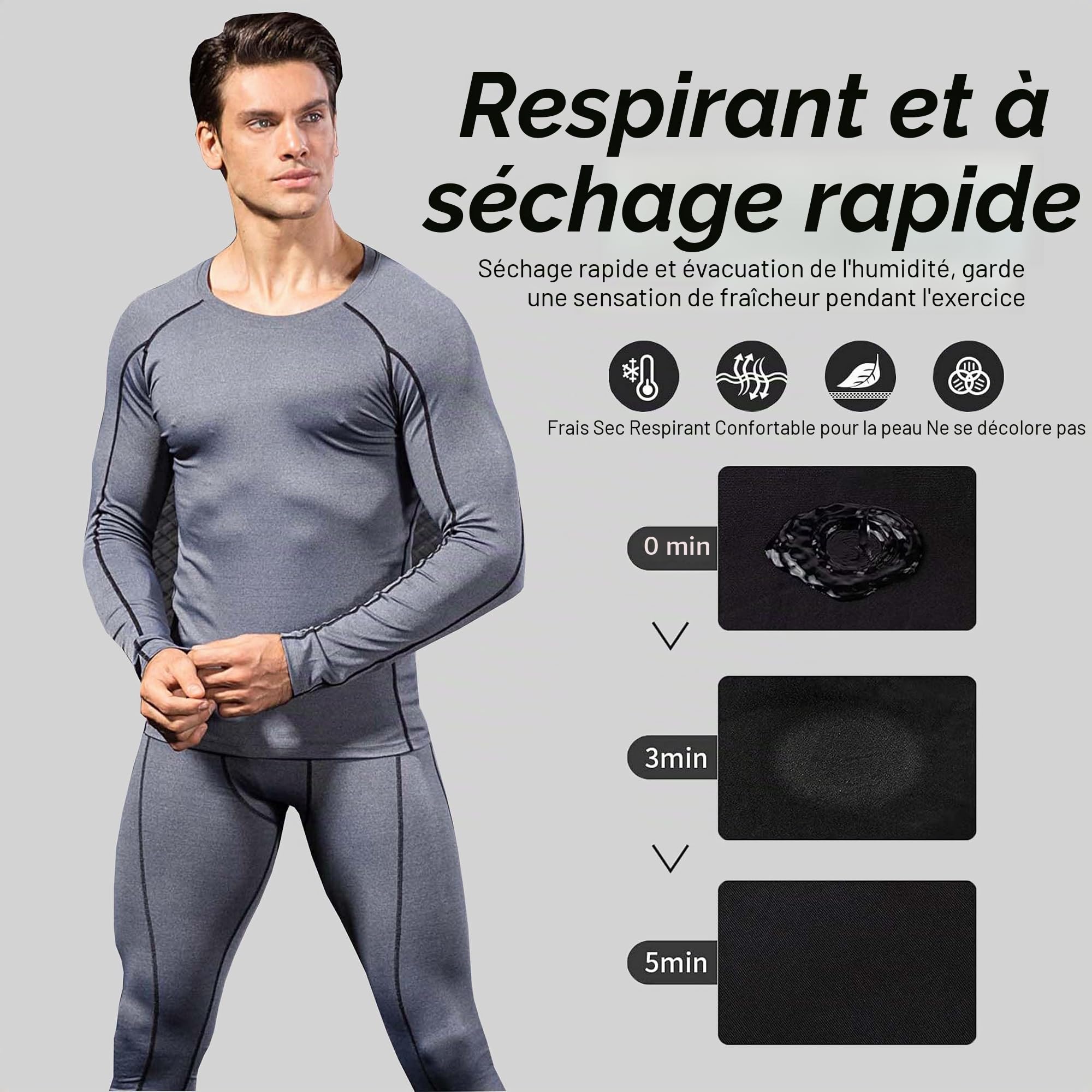 Ensemble de sous-vêtements Thermiques Homme en Compression Haut Manches Longues & Pantalon Respirant pour Ski Cyclisme et Sport d'hiver Garde au Chaud