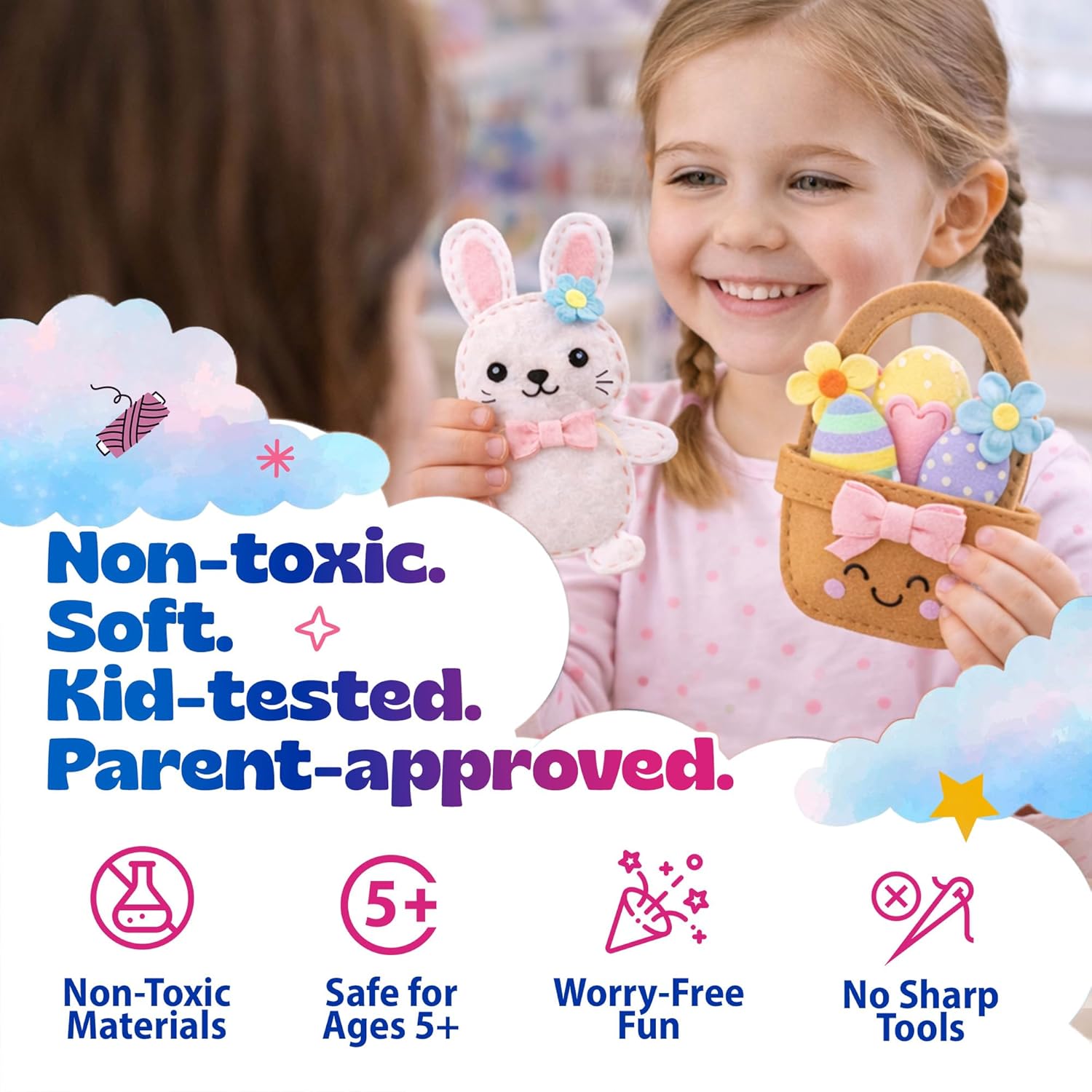 Pinwheel Crafts Bunny Sewing Kit for Kids – DIY Felt Sewing Craft Kit with Pre-Cut Fabric, Needle, Thread & Stuffing – Learn to Sew Beginner Kit, Easter Crafts & Kids Arts and Crafts Ages 6-12
