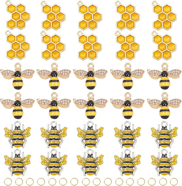 PandaHall 30pcs 3 Styles Bees Charms Pendants, Animal Bees Honeycomb Enamel Charm with 5g Jump Rings for Necklace Bracelet DIY Crafts Jewellery Making Accessories