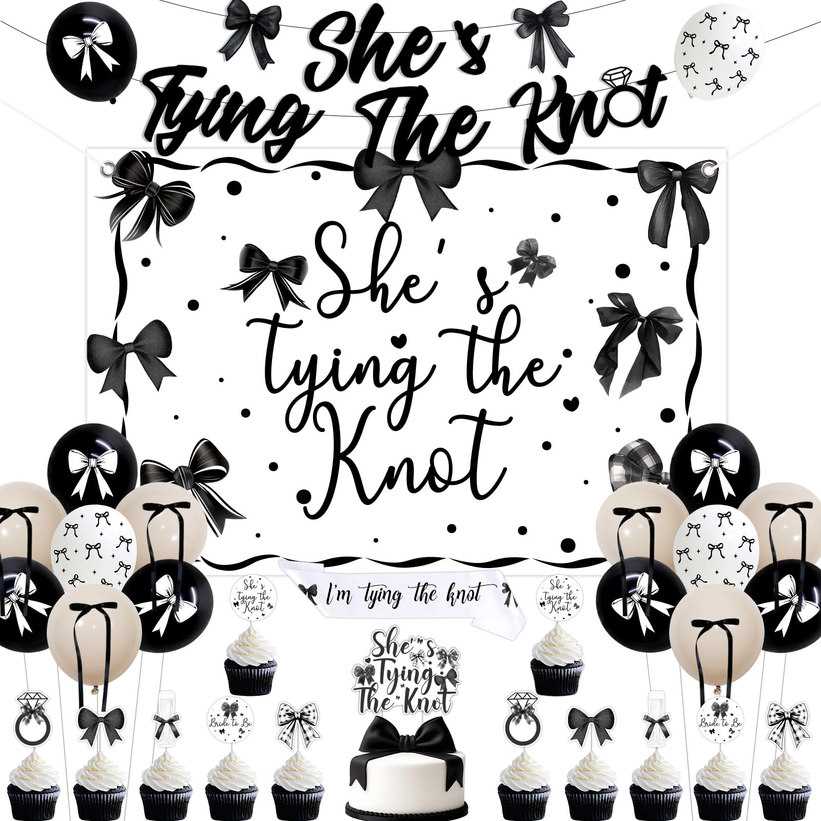 Kreatwow Black Bow Bridal Shower Decorations She's Tying The Knot Backdrop Banner Black Bow Tie Bridal Shower Cake Topper Princess Bachelorette Party Sash Balloons for Bachelorette Wedding