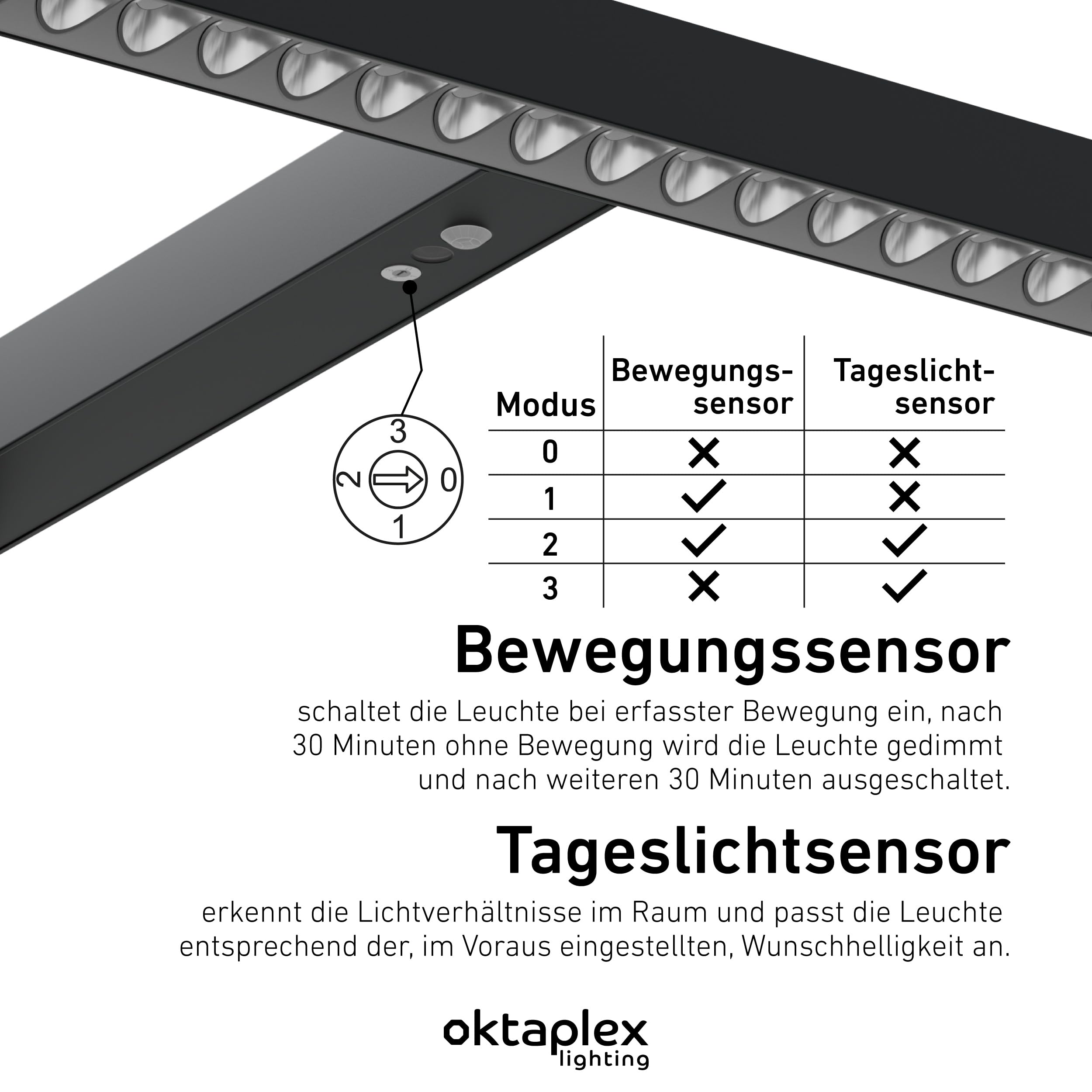 Oktaplex Lund Büro Stehleuchte dimmbar mit Sensor Schwarz Stehlampe | Tageslicht- & Präsenzsensor, Touch-Panel, 10800lm, UGR<11, 2700-5700K, blendarm, 197cm