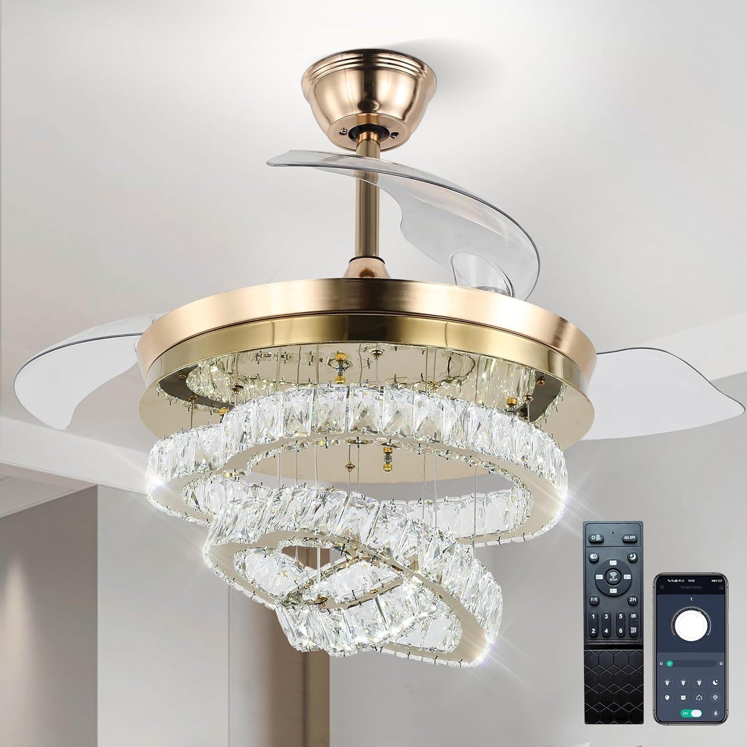 Incomplete FRIXCHUR 42? Modern Crystal Chandelier Ceiling Fan LED Dimmable Fandelier Ceiling Fans with Lights and Remote, 6-Speed Reversible DIY Fans Light for Living Room Bedroom (Gold)