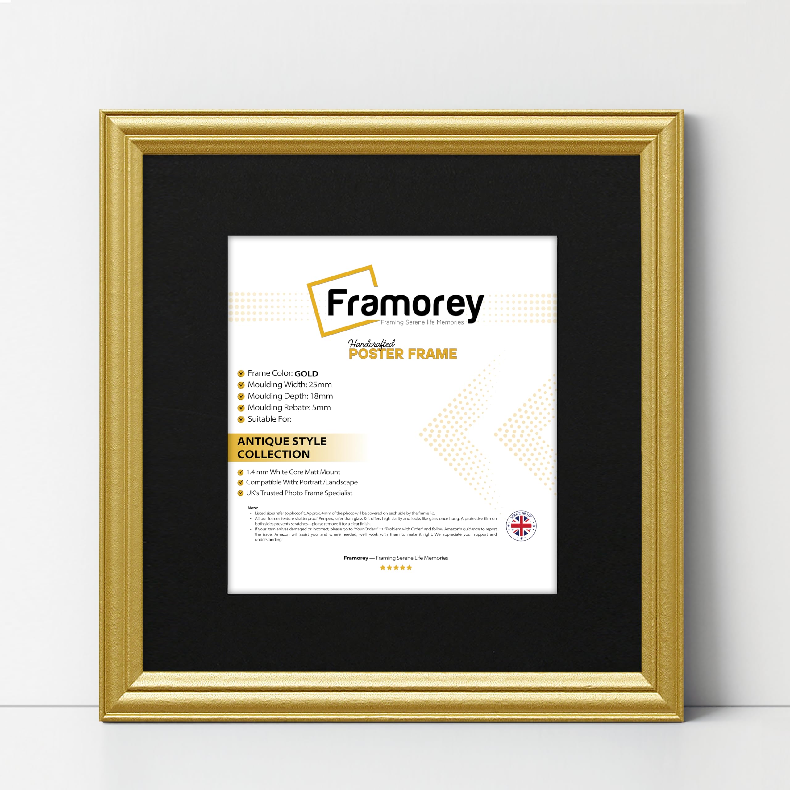 Framorey Framing Serene Life Memories Gold With Black Mount Framorey Square Photo Frames, 6X6" Size Gold Picture Frame With 4X4" Size Black Mount, Lw Antique Style Home Wall Decor Frames, Wall Hanging Art Poster Frames, Mdf Wood Frames