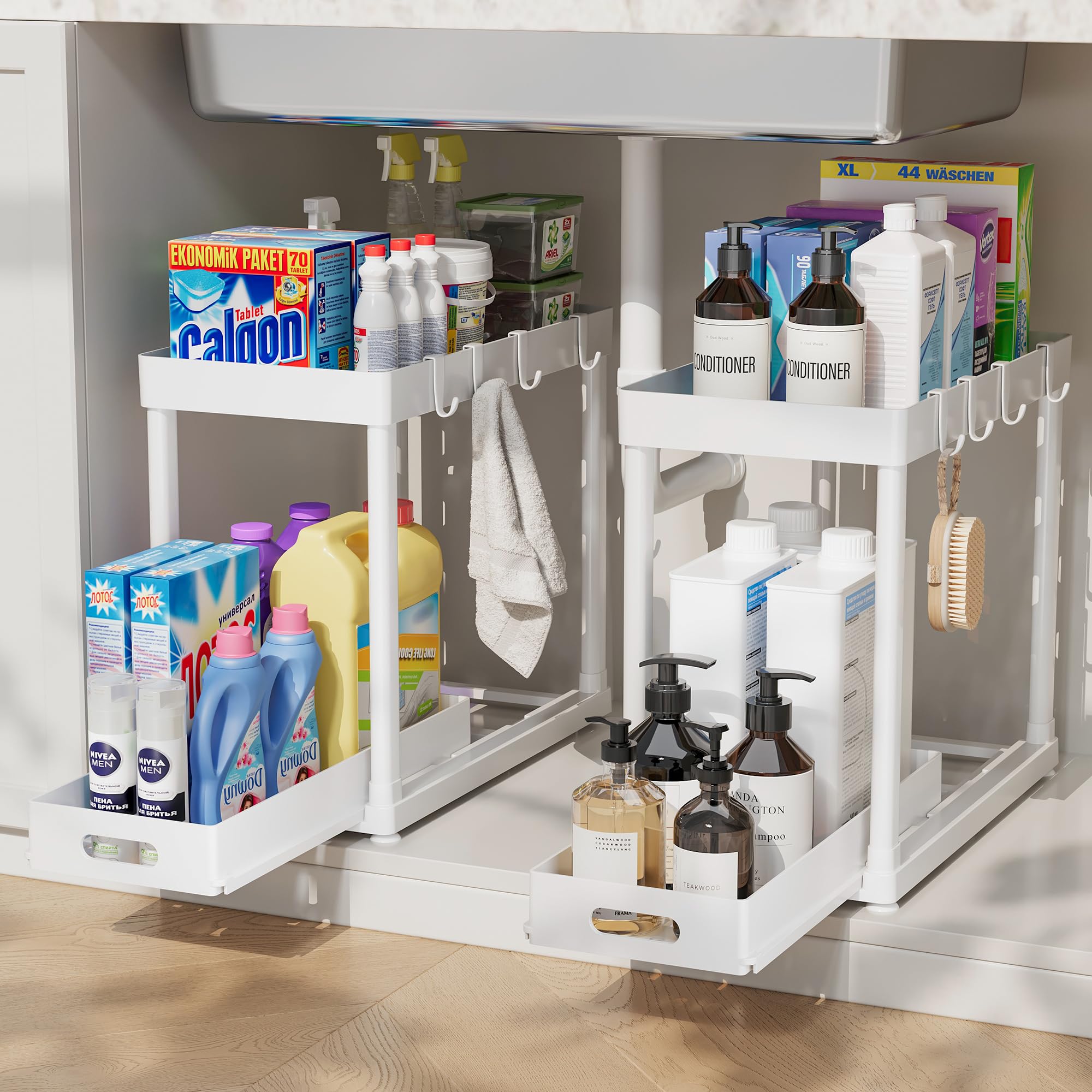 POUGNY 2 Pack Pull-Out Storage Organizers, Under Sink Organizer and Storage for Bathroom & Kitchen,Multi-Purpose Under C