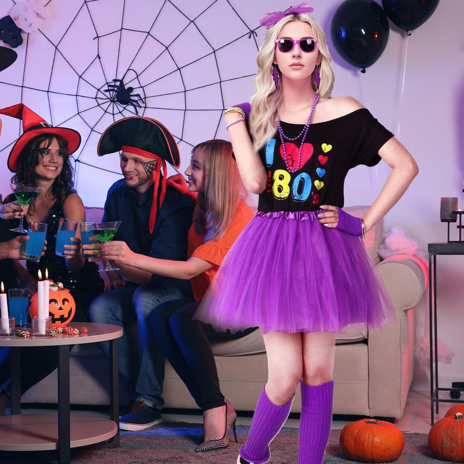 Disfraz de los años 80 para mujer, camiseta con falda tutú, accesorios de disfraz de los años 80, parte superior con hombros descubiertos, ropa de cosplay