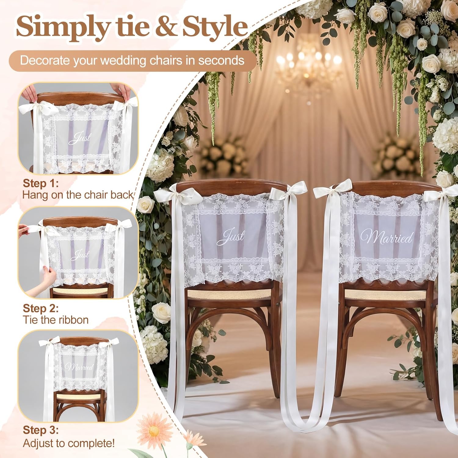 2 Sets Sheer Lace Wedding Chair Signs with Ribbons Just Married Sheer Tulle Covers Vintage Chairs Back Decoration for Bridal Shower Engagement Party Rustic Wedding Ceremony