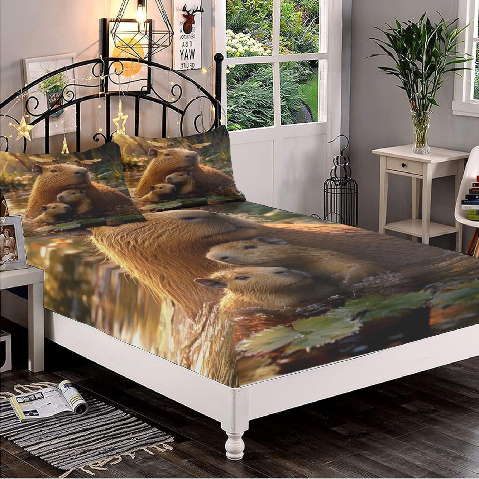 Carina Famiglia di Capibara Lenzuola Matrimoniale Set di Biancheria da Letto Marrone Lenzuolo con Angoli, Coprimaterasso 180x200x30 cm Microfibra Morbido e 2 Federe per Matrimoniali