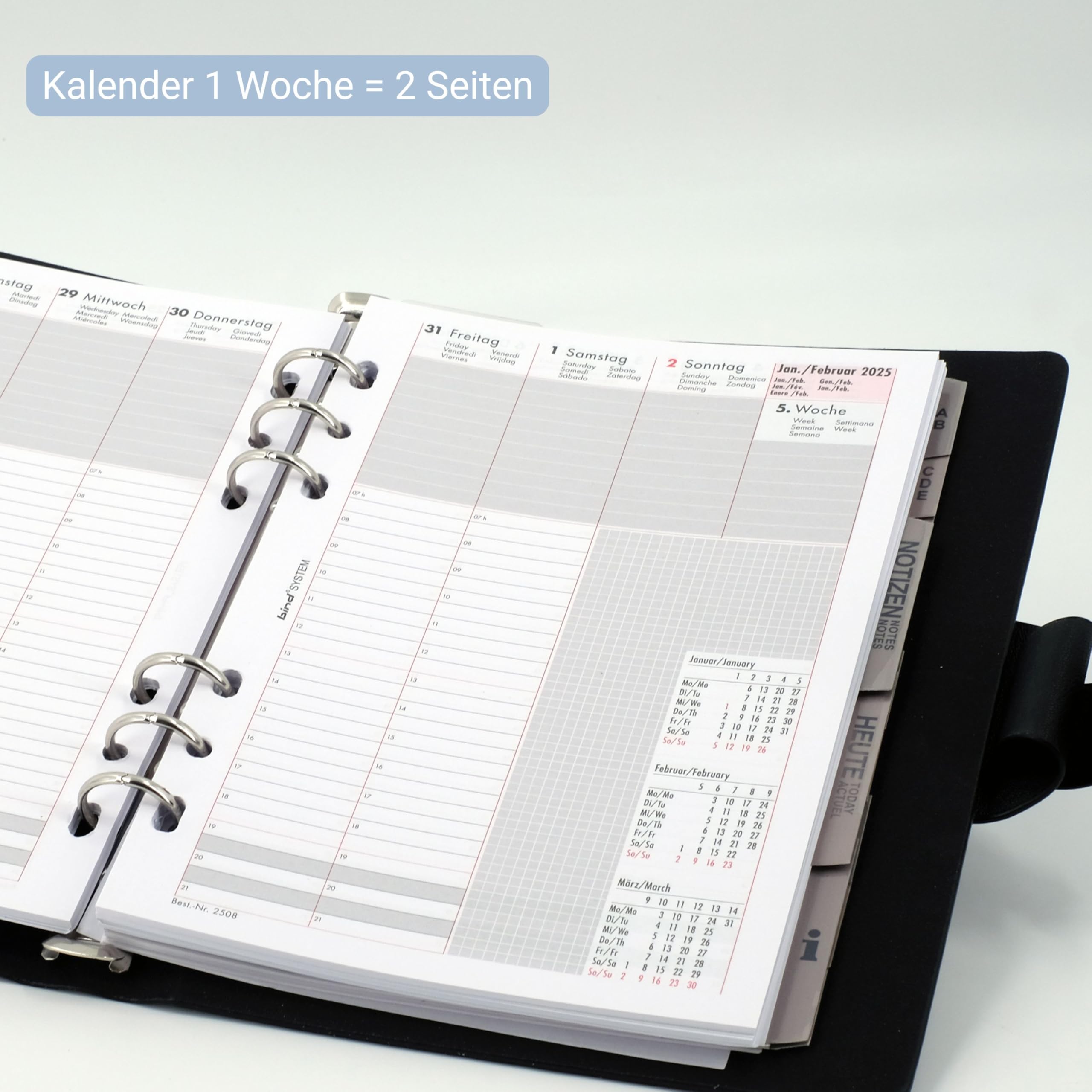 bind 15801 - Terminplaner mit Ringmechanik DIN A5, Organizer aus Lederimitat, Systemplaner in schwarz, Kalender mit 4 Visitenkartenfächern, Stiftschlaufe, Terminkalender mit System 1 Woche / 2 Seiten