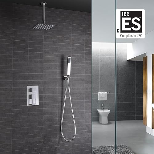 Miniatura 2 de sumerain Sistema de ducha de níquel cepillado, grifo de ducha de montaje en techo con válvula áspera, cabezal de ducha de lluvia de alta presión de