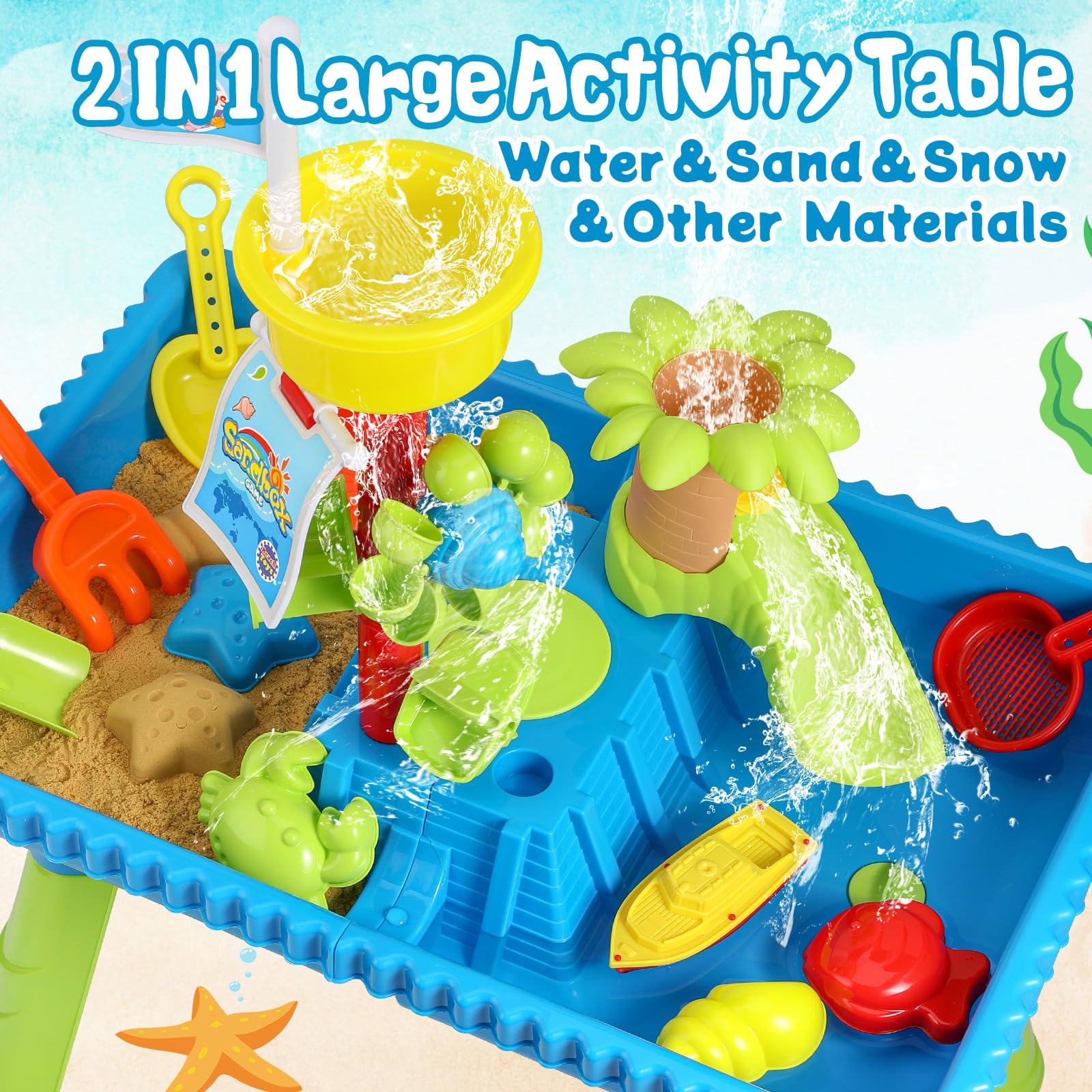 KNASON Wasserspieltisch Kinder Outdoor,2 IN 1 Kinder Sand und Wasserspieltisch mit 37 Teilen Wassertisch Zubehör,Großer Activity Sensory Table Spielzeug auf Hinterhof Strand Sommer für Kinder 3 4 5 8
