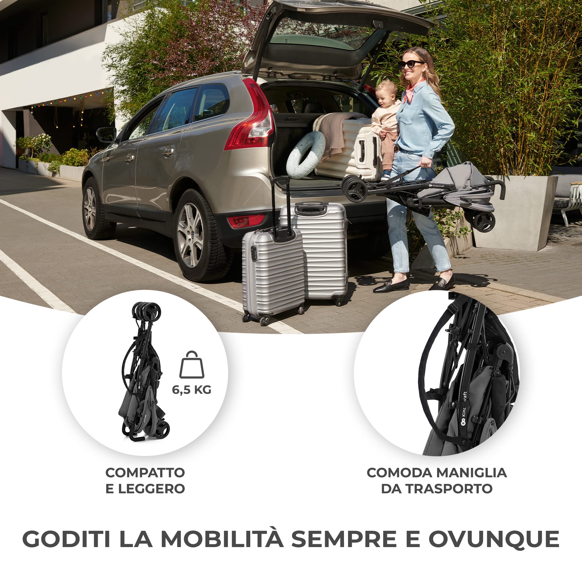 Kinderkraft TIK Passeggino Leggero, Solo 6,5 Kg, Passeggino a ombrello Passeggino Da Viaggio, Facile Da Piegare, Schienale Regolabile In Posizione Sdraiata, Copertura Antipioggia, Grigio