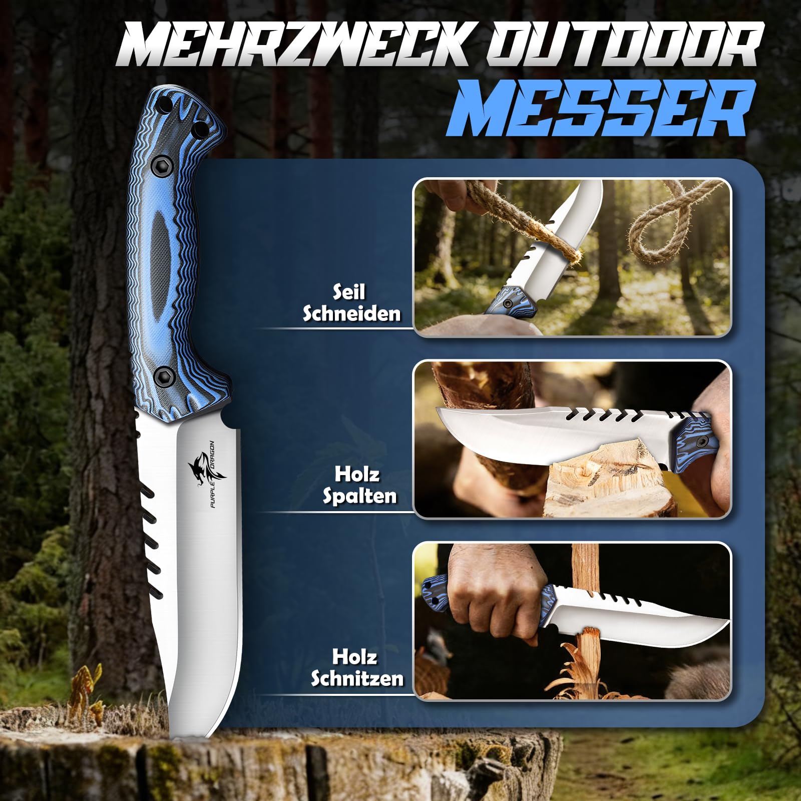 Purple Dragon Full Tang D2 Stahl Outdoor Survival Messer - 6 mm Dicke Klinge, G10 Griff & Kydex Scheide - Robustes Camping Messer für Wildnis und Überlebensaktivitäten Geschenk für Männer