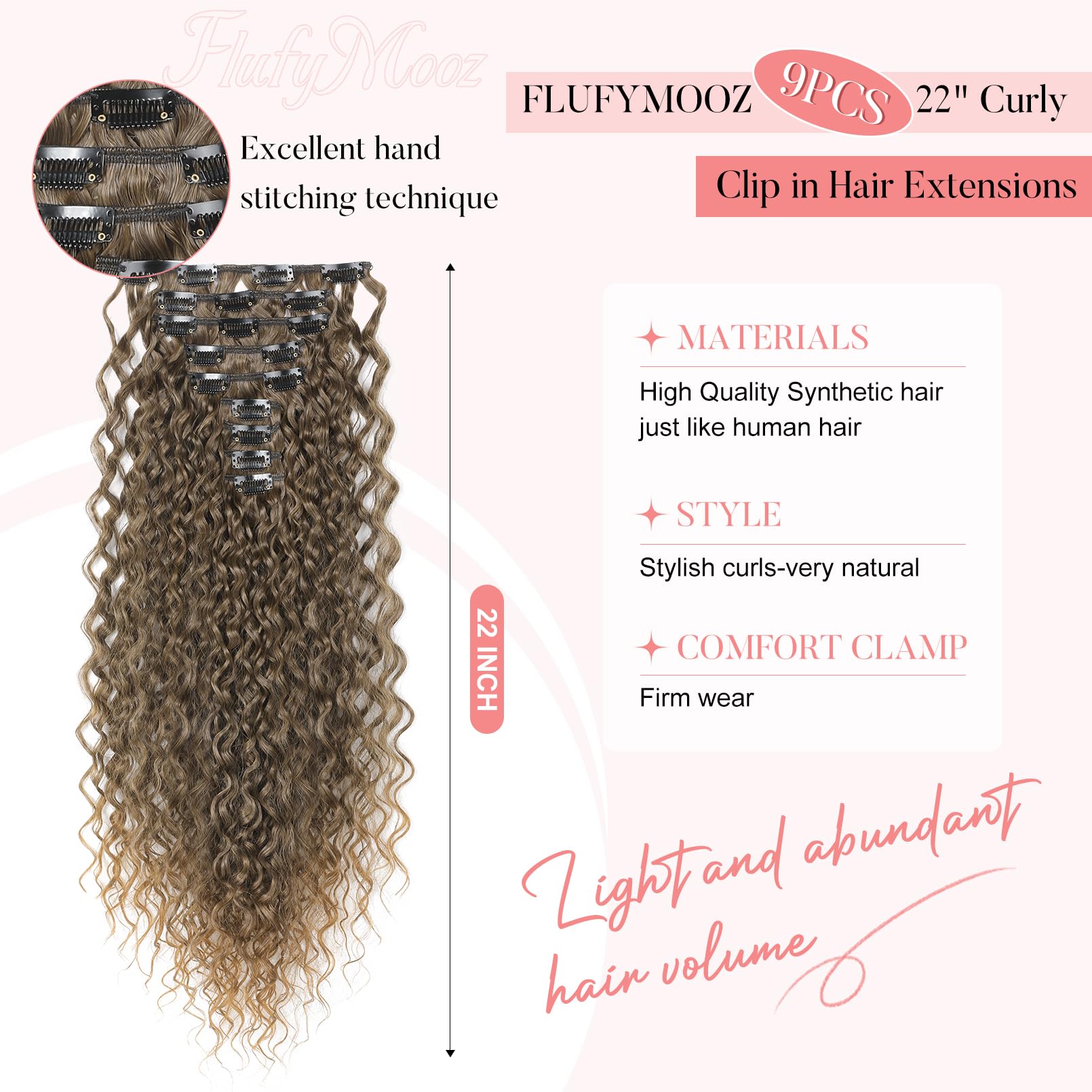 FLUFYMOOZ 9PCS Clip in Hair Extensions 22 Inch Curly Hair Extension Long Soft Synthetic Hairpieces for Women (Ash Brown to Blonde) - Image 2