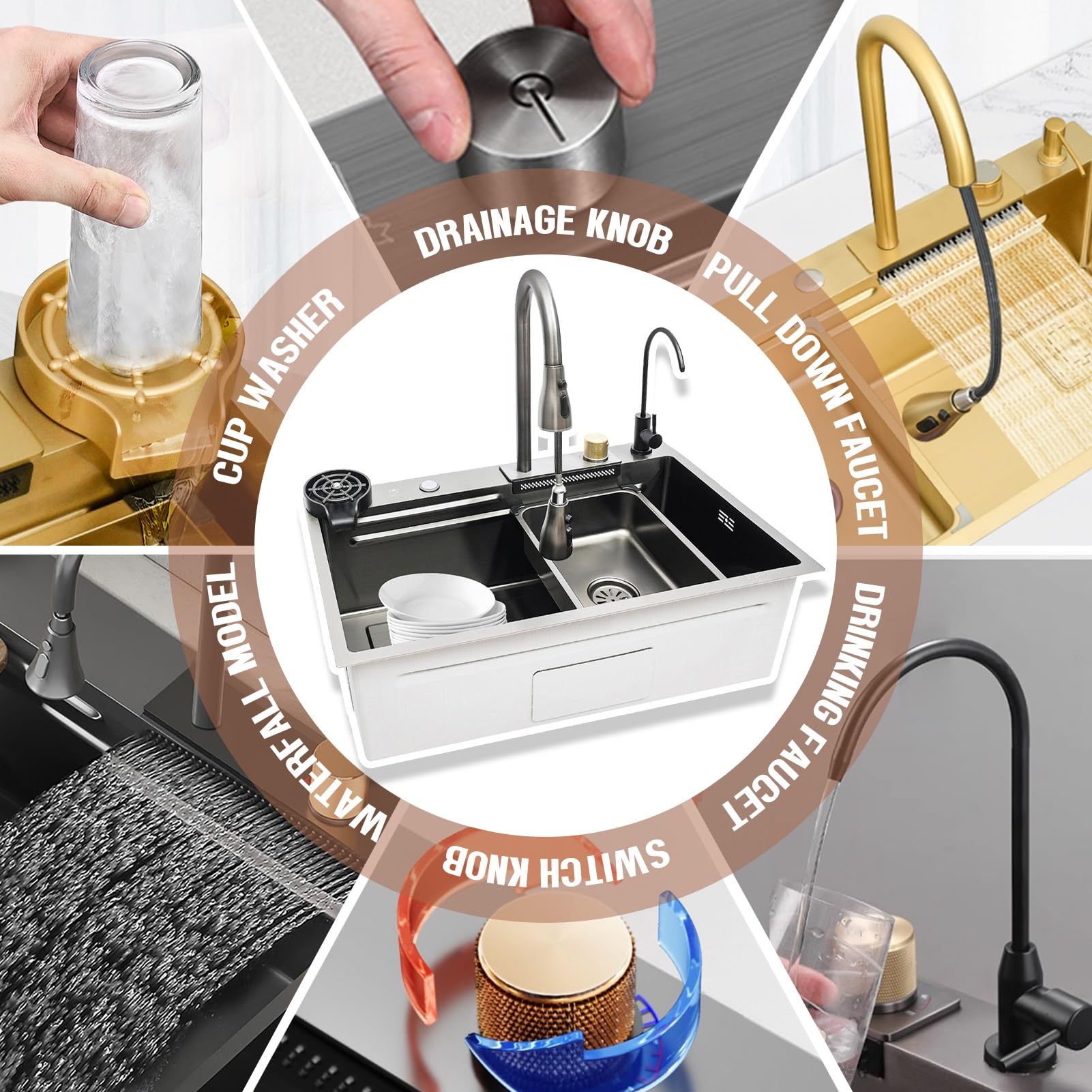 Multifunktionale Küchenspüle Aus Edelstahl Mit Wasserfall-Effekt, Große Arbeitsstationsspüle, Einzelbecken-Spüle Mit Aufsatzmontage, Mit Abflussknopf Und Komplettem Zubehör(Gold,68x45x22cm)