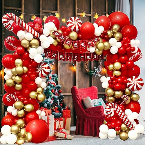 Miniatura 6 de DBKL Kit de arco de guirnalda de globos de Navidad, 153 piezas con globos de Navidad, rojo, dorado y blanco, globo de aluminio de bastón de caramelo