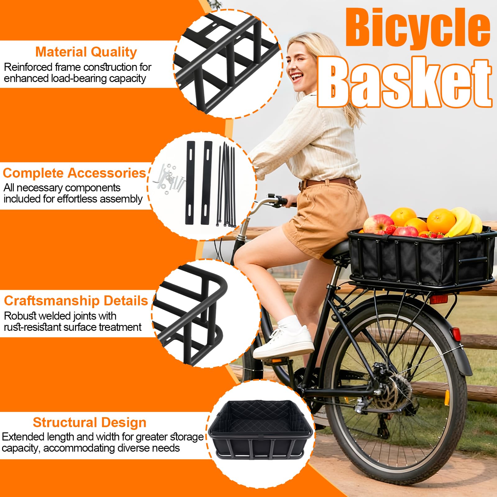 Fahrradkorb Hinten aus Metall mit Innentasche, Gepäckträgerkorb für Einkauf Reisen Haustiere und Lebensmittel, Universeller Transportkorb für Fahrrad Gepäckträger, Passend für Fahrräder und E-Bikes