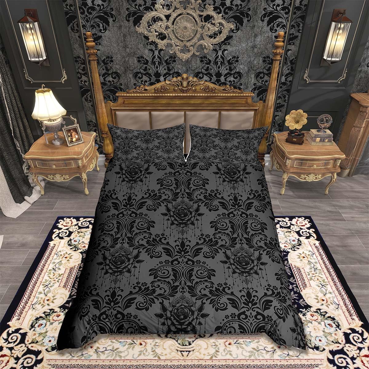 Homemissing Adults Gothic Duvet Cover Double Size Dark Olive Green Damask Print Bedding Set for Boys Girls Vintage Rose Comforter Cover Bedroom Decor 3Pcs — image 1