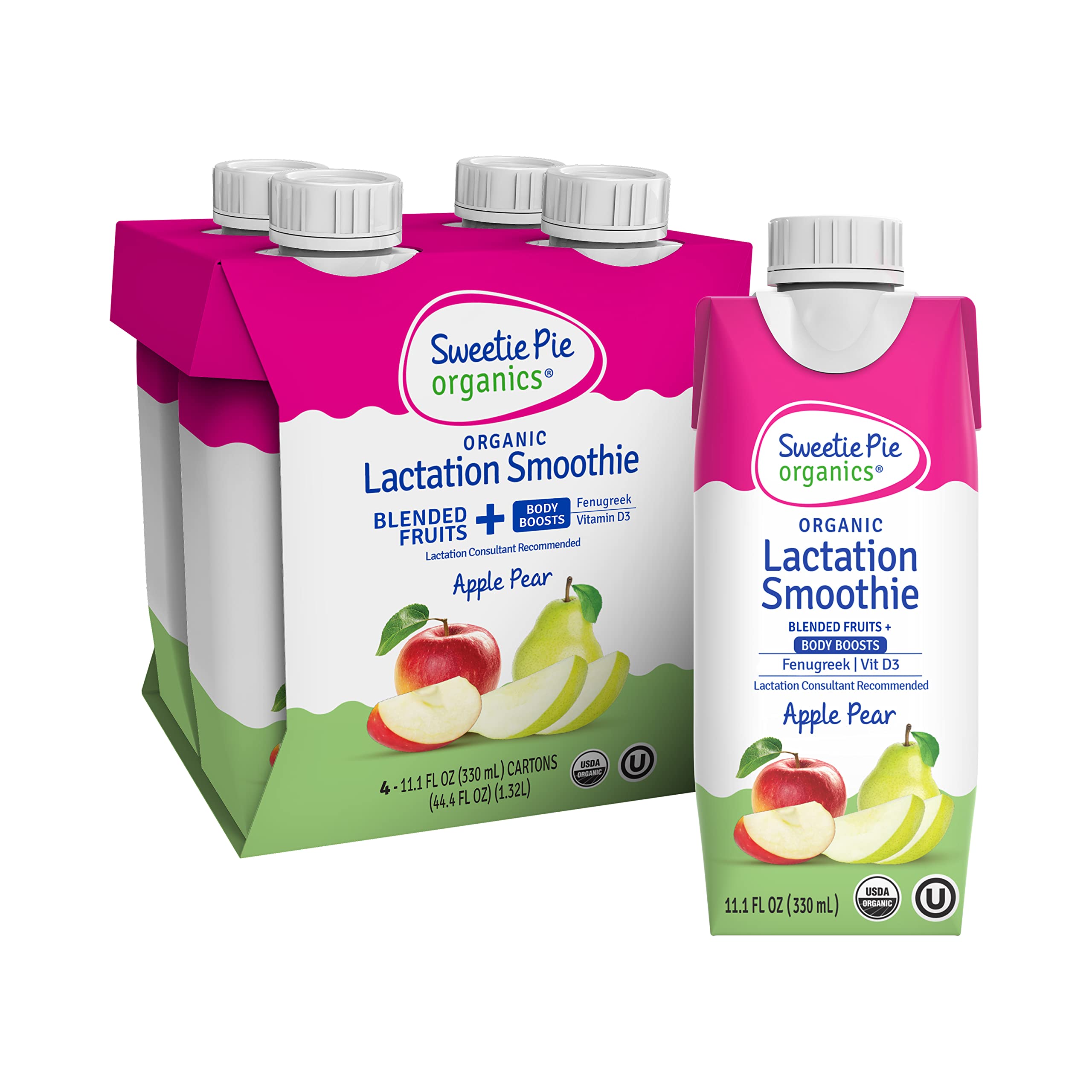 Lactation Smoothie, Apple Pear, Support Breast Milk Production for Nursing and Pumping, No Artificial Sweeteners, Flavors, or Dyes - 4 Pack