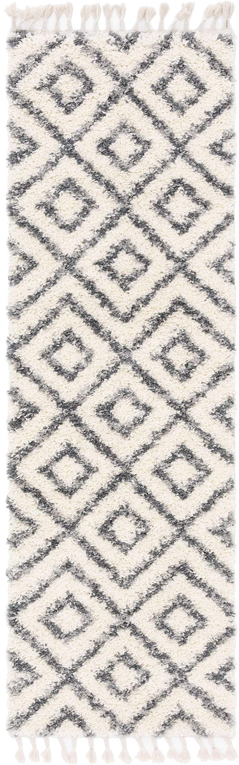 Unique Loom Hygge Shag Collection Alfombra geométrica de Entramado de Felpa acogedora, 2 pies 7 x 8 pies 2, Marfil/Gris
