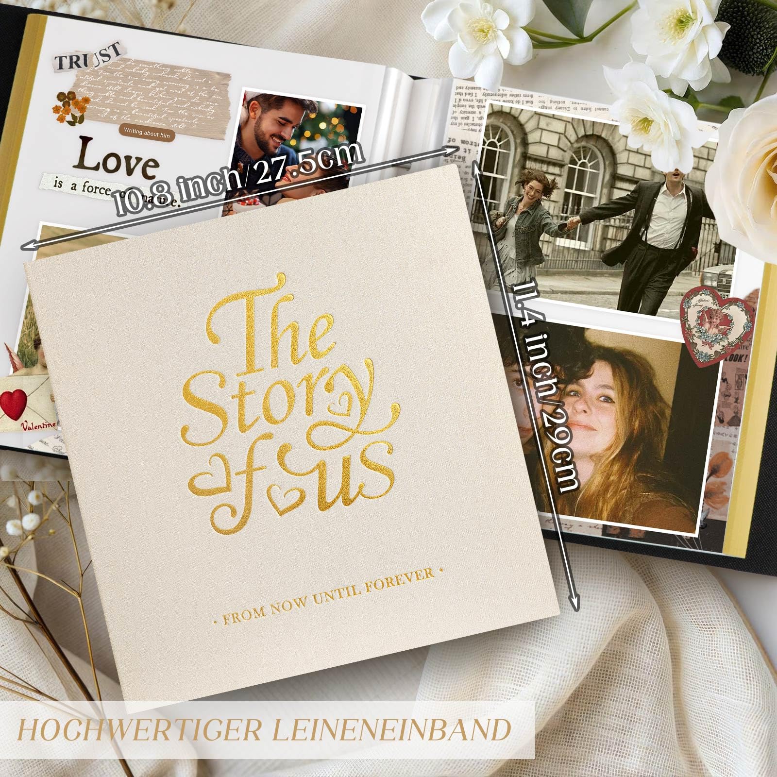 Lanpn PaareFotoalbum Selbstklebend Einkleben Scrapbook, Leinen Groß Weiße Seiten Fotobuch zum Selbstgestalten mit Metallischer Stift 10x15 13x18 A5 Bilder (Groß, 40 Blatt/80 Seiten, Beige)