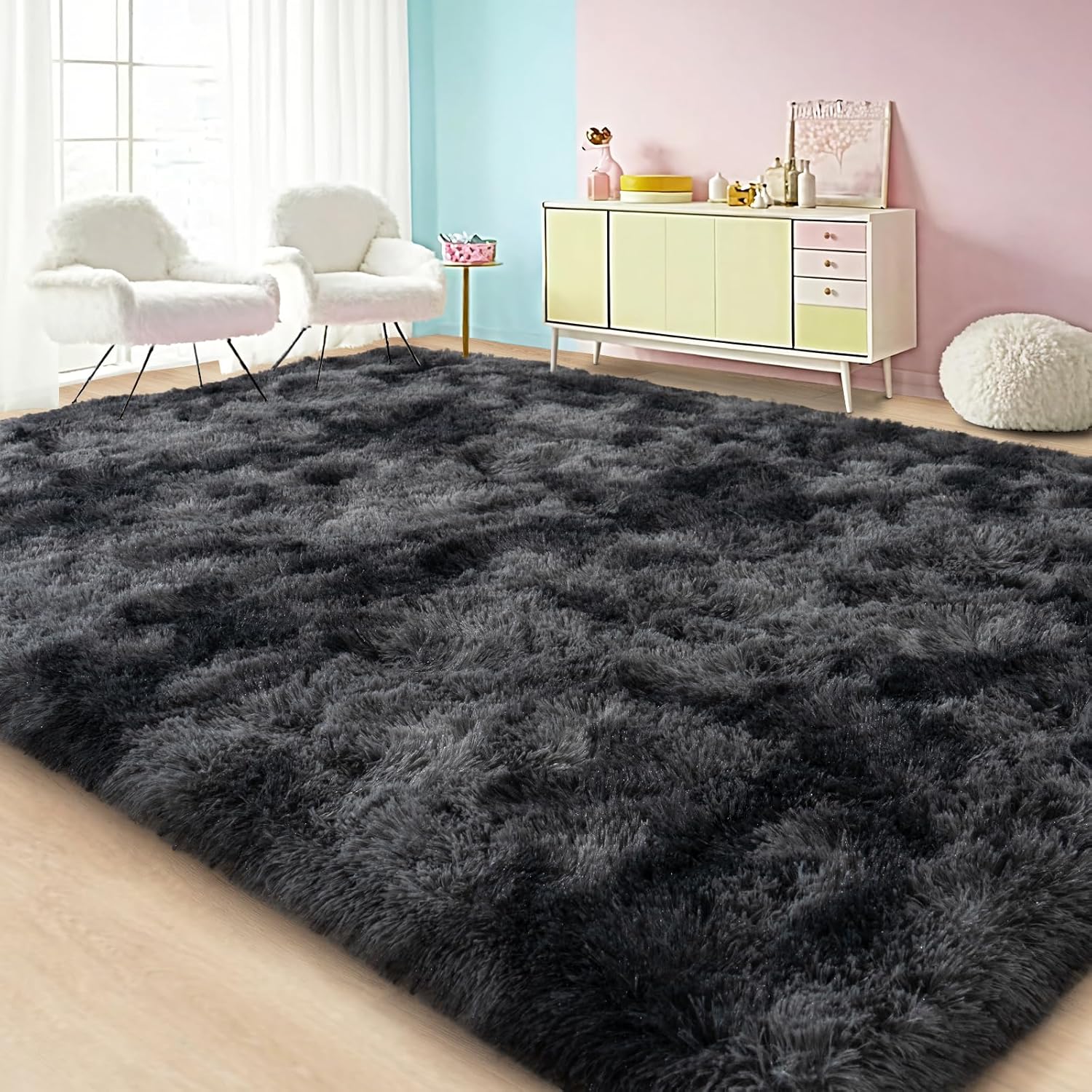 Large Area Rugs for Living Room Bedroom, 6x9 Feet Tie-Dyed Dark Grey Fluffy Shag Rugs, Ultra Soft Shaggy Plush Fuzzy Modern Indoor Throw Carpet for Kids Girls Dorm Nursery Home Decor Aesthetic - Image 2
