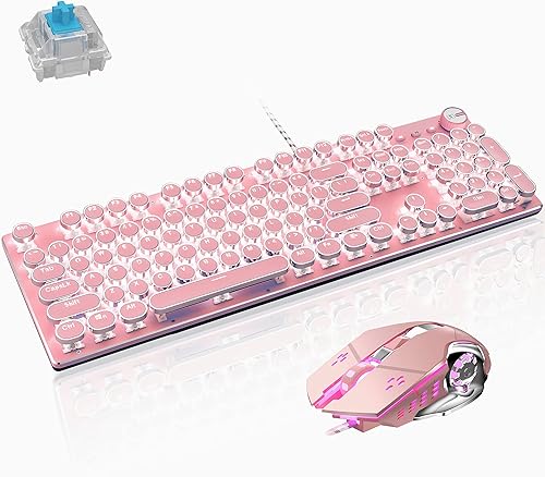 Basaltech Combo de teclado mecánico y mouse para juegos, teclado retro steampunk estilo máquina de escribir vintage con retroiluminación LED,