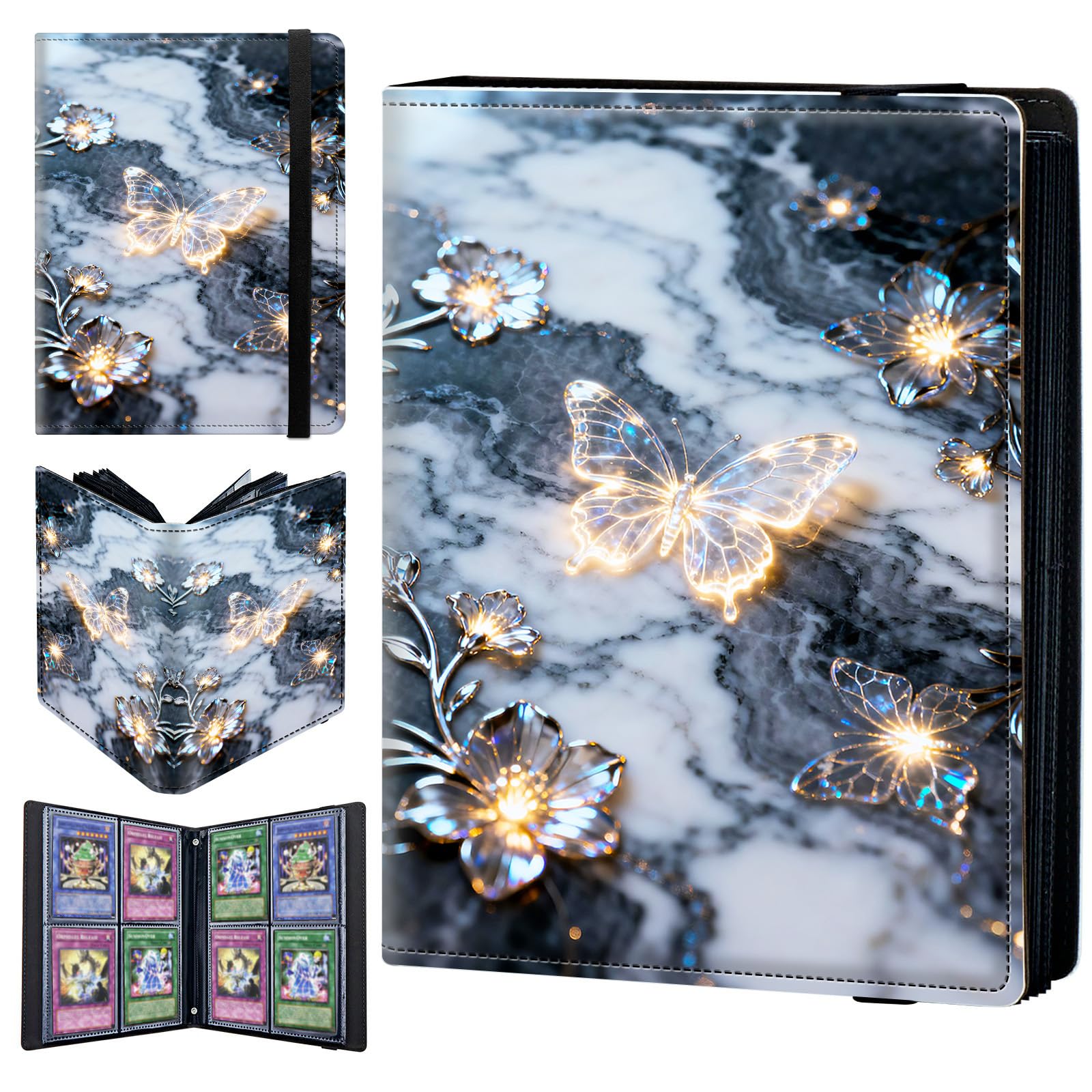4 Pocket Trading Card Binder 320 Side Loading Pocket Album with Marble Butterflies Pattern Design Card Binder for Sports Cards & Game Cards