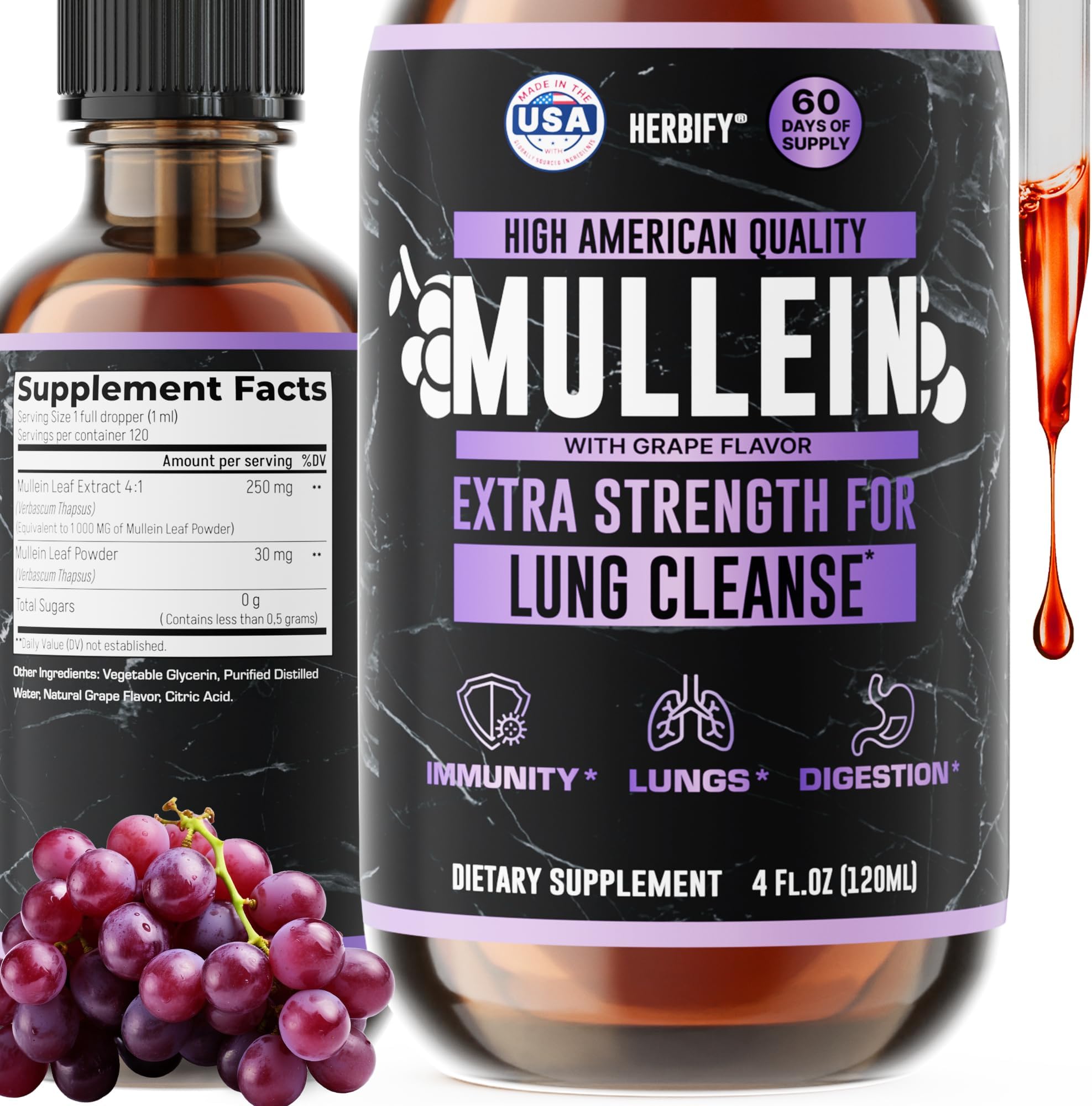 Mullein Drops - Lung Cleanse - Leaf Extract - Powerful Mullein for Immune Support, Detox & Respiratory Support - Made in USA - Herbal Supplements - 4 Oz Grape Flavor