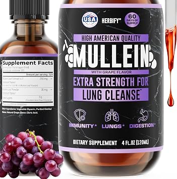 HERBIFY Mullein Drops - Lung Cleanse - Leaf Extract - Powerful Mullein for Immune Support, Detox & Respiratory Support - Made in USA - Herbal Supplements - 4 Oz Grape Flavor