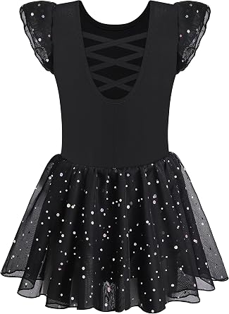 MOLLDAN Girls Dance Leotard Ballet Dress Shiny Skirt Ruffle Sleeve Cross Back