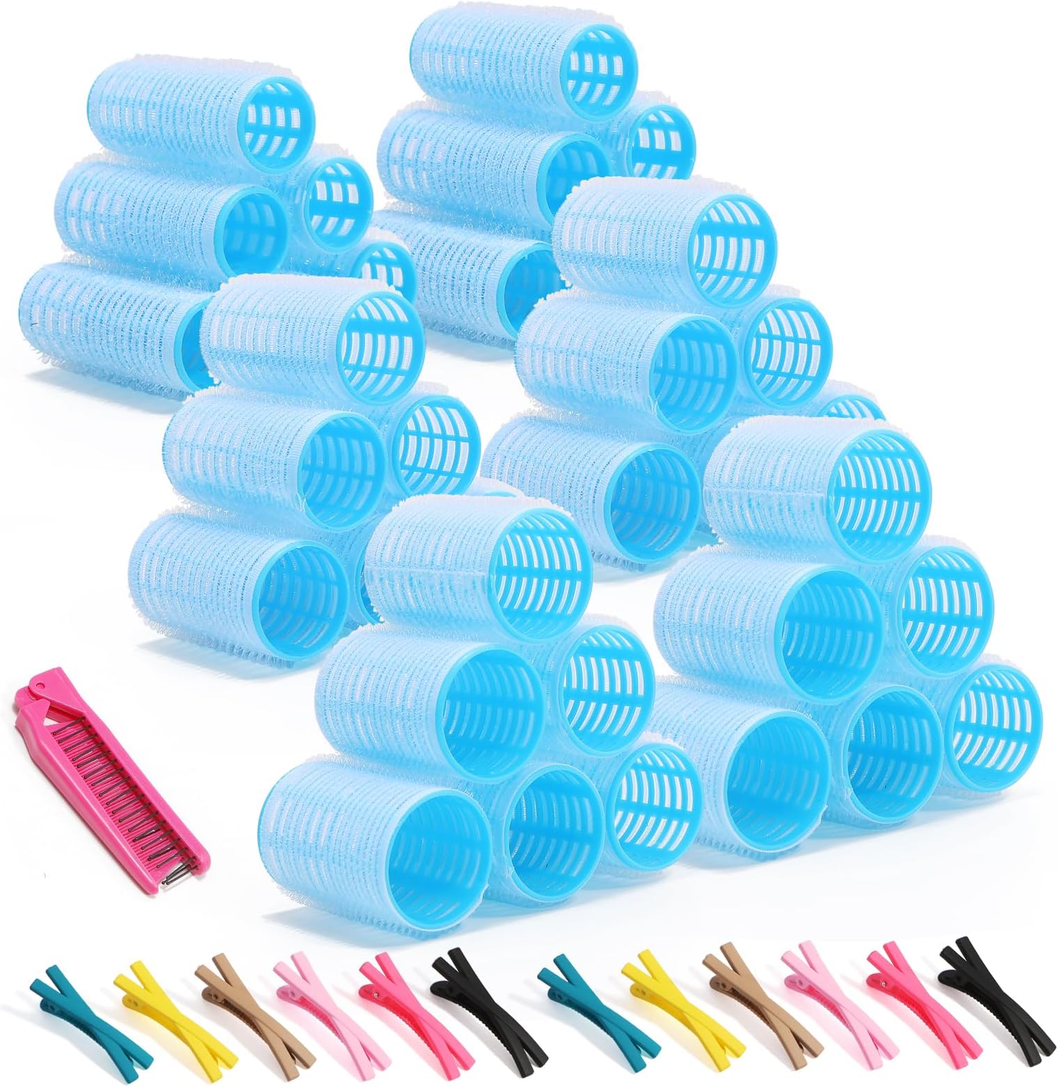 49PCS Self Grip Hair Rollers Set with Duckbill Clips & Comb – 3 Sizes for Effortless Volume, Waves & Curls – No Heat, All Hair Types