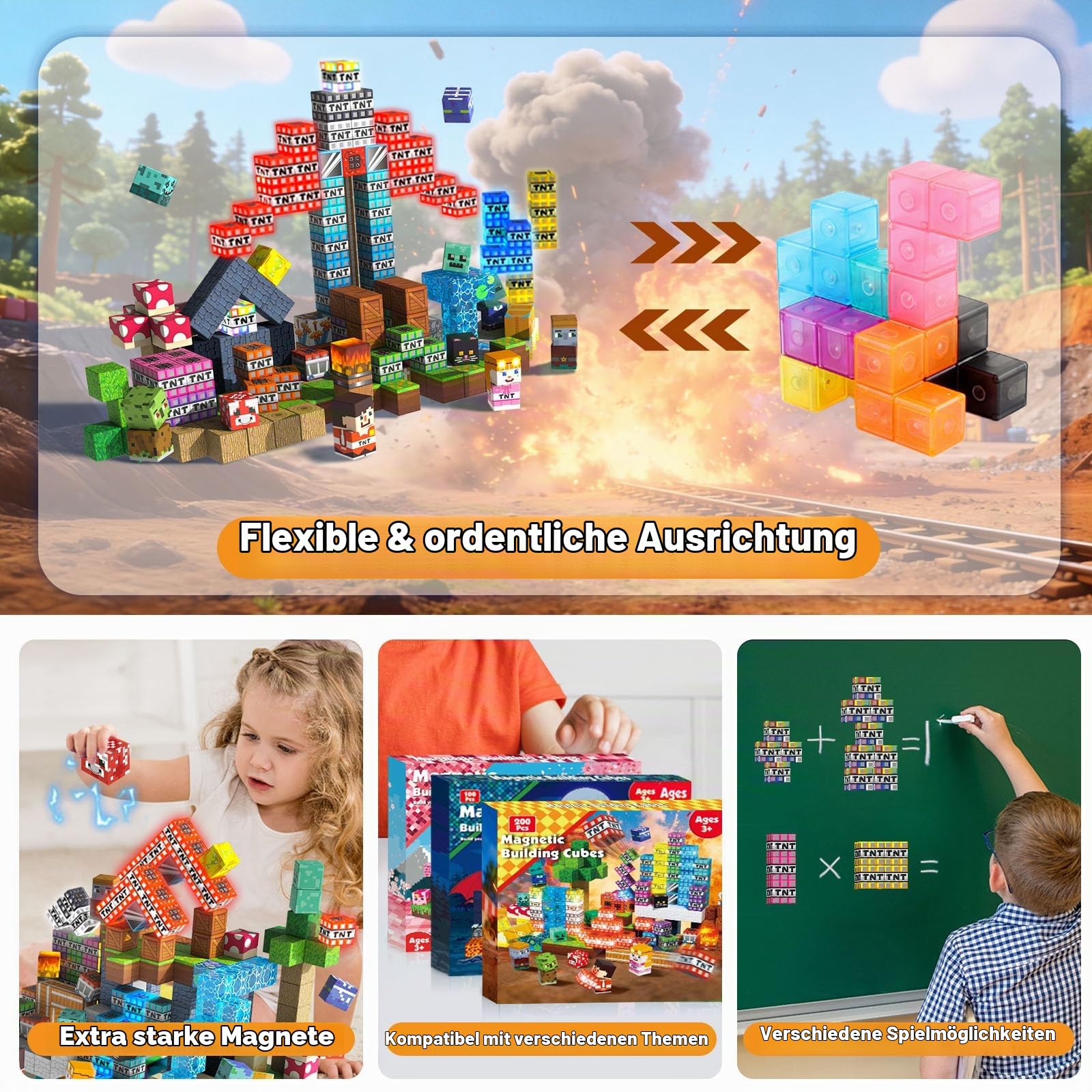 Goody King 200 PCS Magnetische Bausteine mit LED Licht - Leuchtende Magnetblöcke Set für Kinder ab 3-12 Jahre, Pädagogisches Mint Spielzeug, Kreative 3D Bauklötze im Retro-Stil