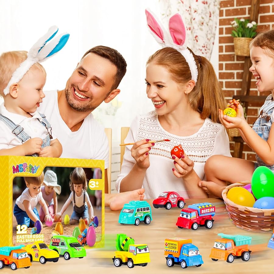 MGparty 12 Pack Prefilled Easter Eggs with Car Toys for Kids Toddlers Bulk Plastic Eggs Pull Back City Truck Vehicles Easter Goodie Bags Stuffers for Toddlers Boys Girls - image 6