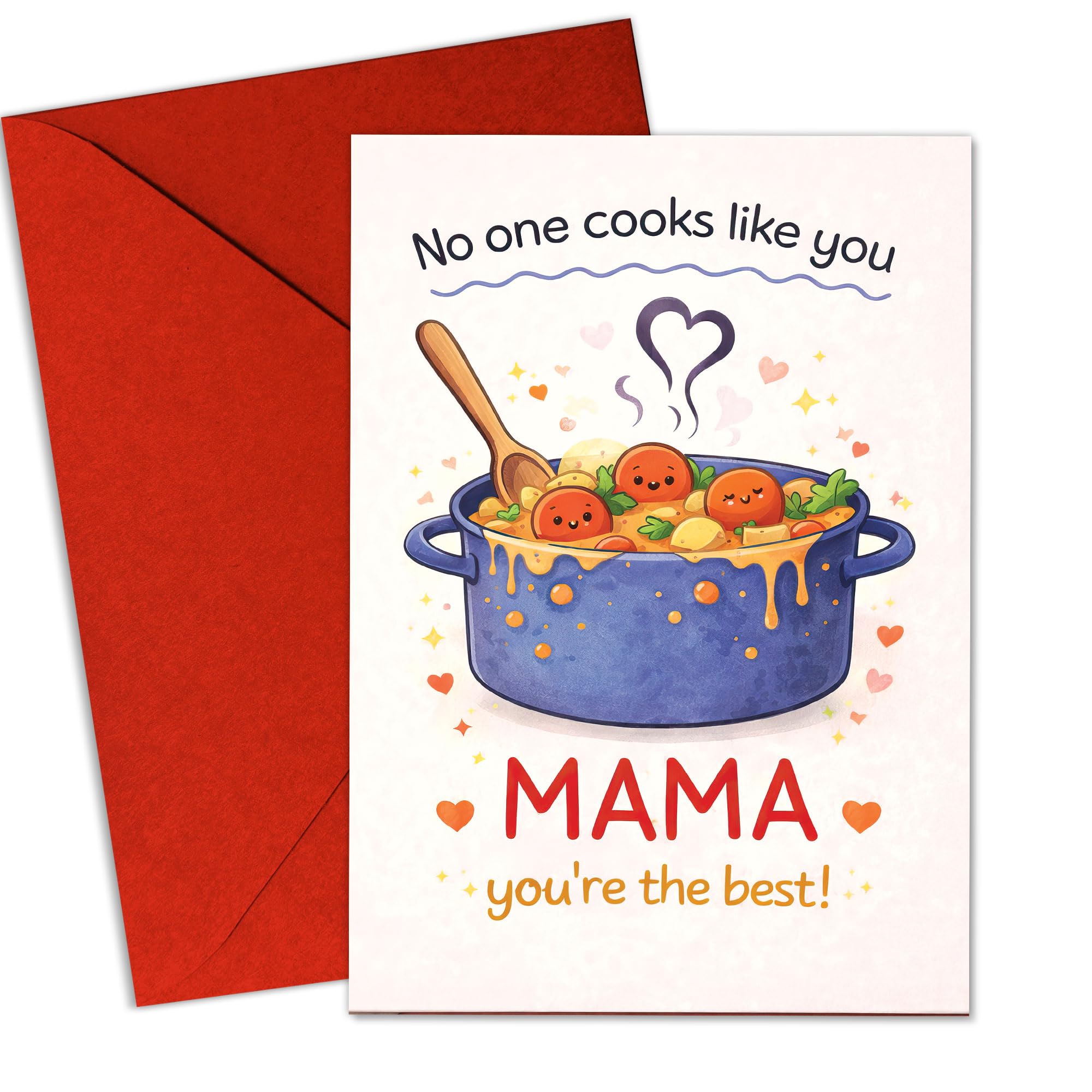 Photo 1 of (5.3x8 Inch) No One Cooks Like You, Mama, You're the Best, Cute Cooking Pot and Veggies Design, Sweet Thank You Card for Mama, Blank Inside, Folded Card with Envelope for Mother’s Day or Special Occasion