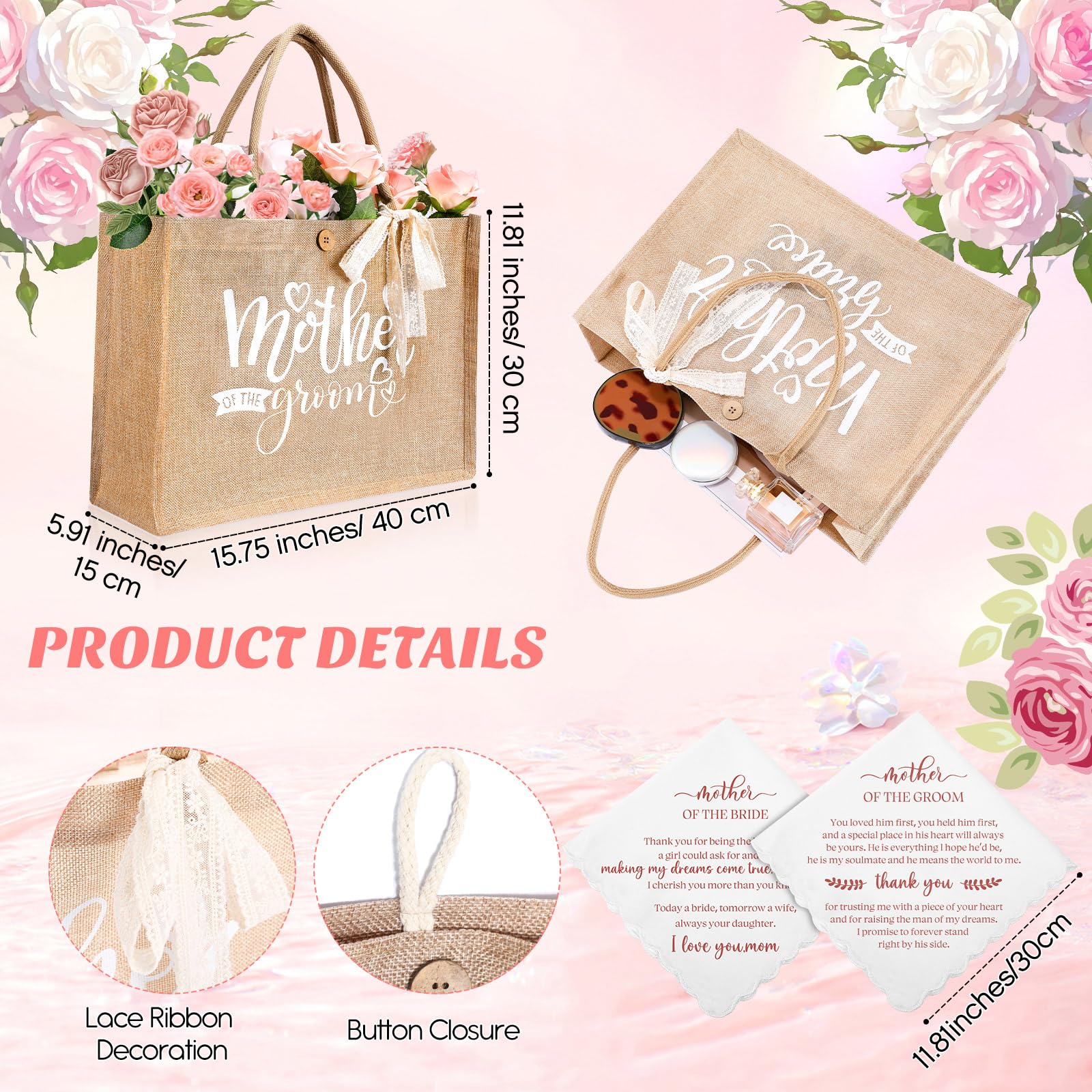 Hushee 2 Set Mother of Bride and Groom Gifts Set Includes Handbag Canvas Makeup Bag Acrylic Heart Decoration Wedding Handkerchief for Mom Mother in Law Bridal (Flower)