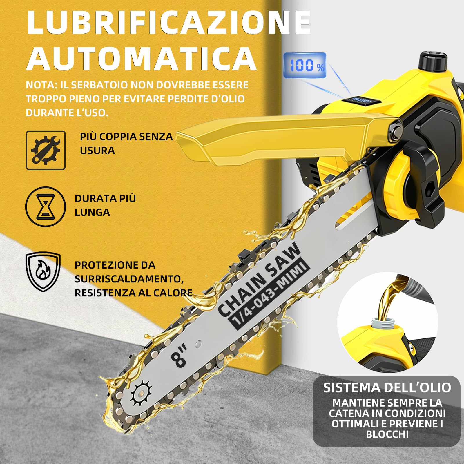 Mini motosega senza fili – Barre 8" e 6", lubrificazione automatica, catena di ricambio, motore brushless 1200W, 2 batterie 4000mAh – Per potatura alberi, giardinaggio e taglio legna