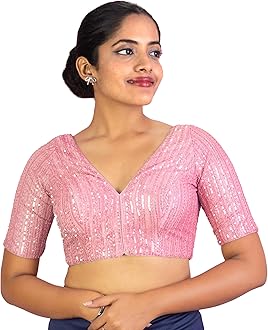 Women's Sequin Embroidered V Neck Elbow Half Sleeve Readymade Saree Blouse Indian Ethnic Designer Stitched Plus Size Top Padded Lavender Pink Blue Silver Black Gold Red Green | E1