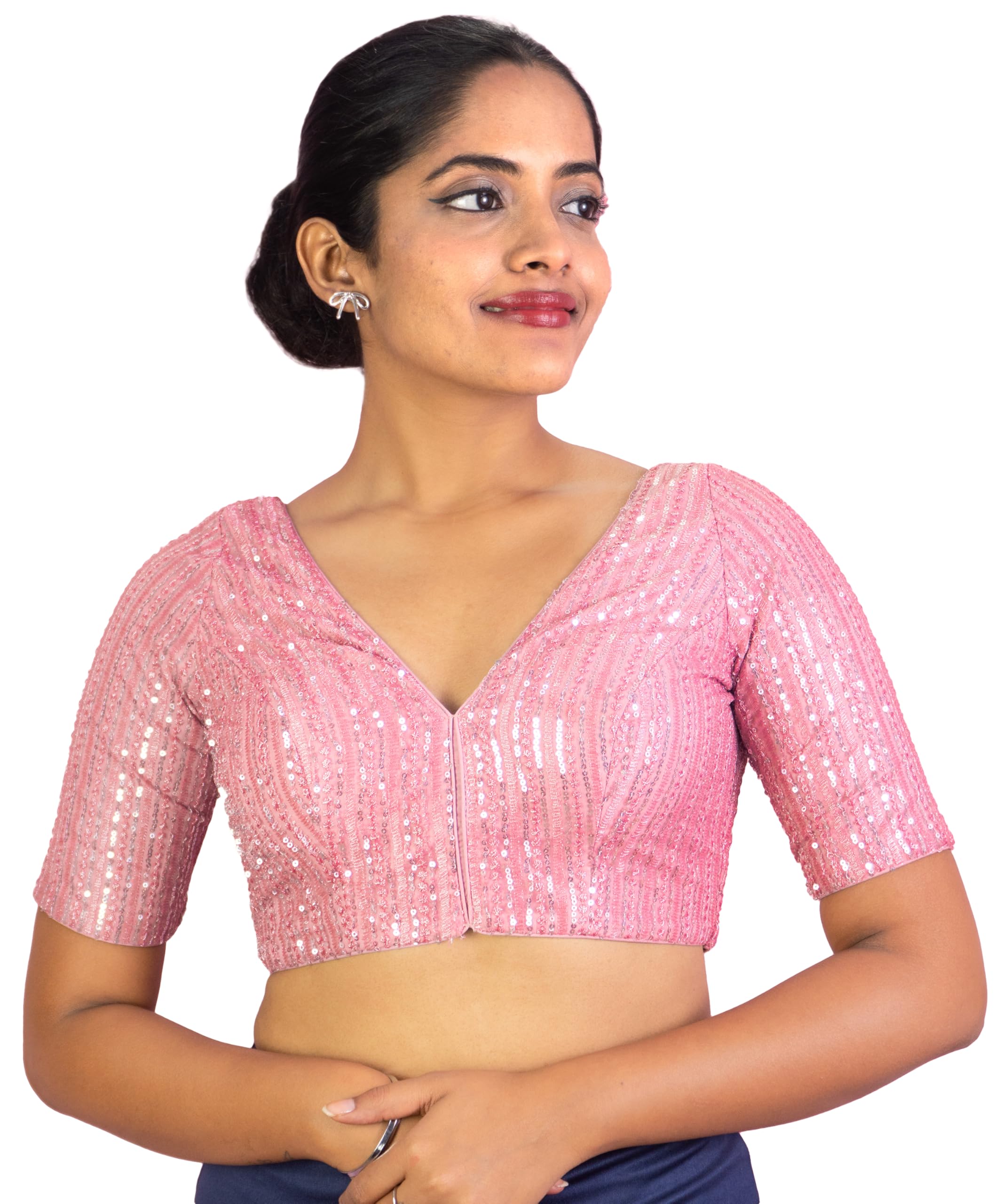 Women's Sequin Embroidered V Neck Elbow Half Sleeve Readymade Saree Blouse Indian Ethnic Designer Stitched Plus Size Top Padded Lavender Pink Blue Silver Black Gold Red Green | E1