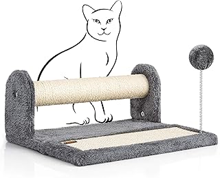 PAWBEE Cat Scratching Post & Pad - Natural Sisal Rope Covered Cat Scratch Post & Pads, Cat Scratching Posts for Indoor Cats, Cat Scratcher for Kittens with Soft Cat Toy Ball, 14.5" Cat Post and Carpet