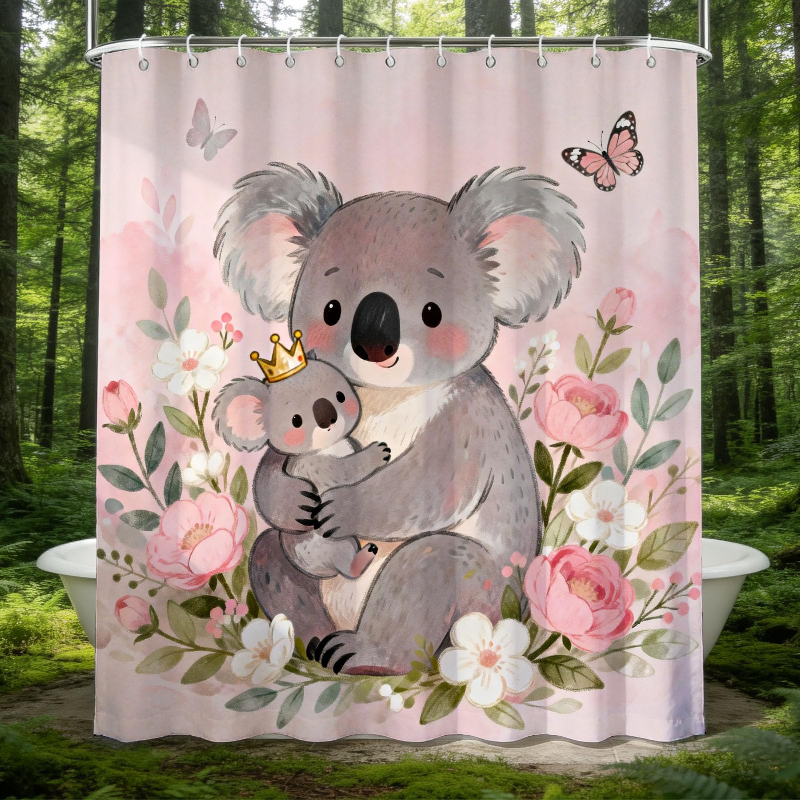 Hongduo 3D Koala Mother Baby Shower Curtain for Stalls Bathtubs Watercolor Bathroom Decor Shower Curtain Set Polyester Fabric Waterproof 200x200cm/79X79 Inch with Hooks