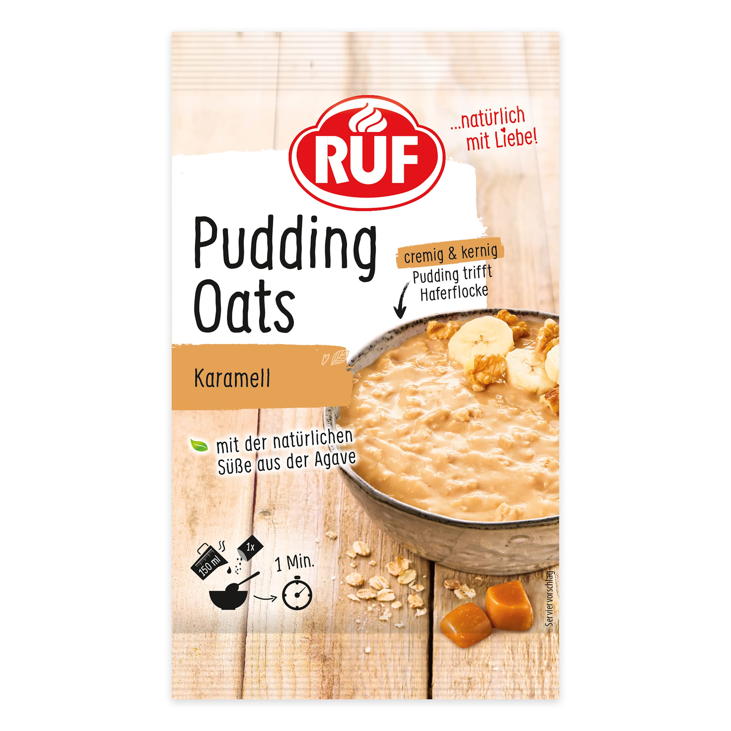 RUF Pudding Oats Karamell, harmonische Mischung aus Karamellpudding und Vollkorn-Haferflocken, ohne Zucker, mit Agavendicksaft gesüsst, 1 x 64g Beutel