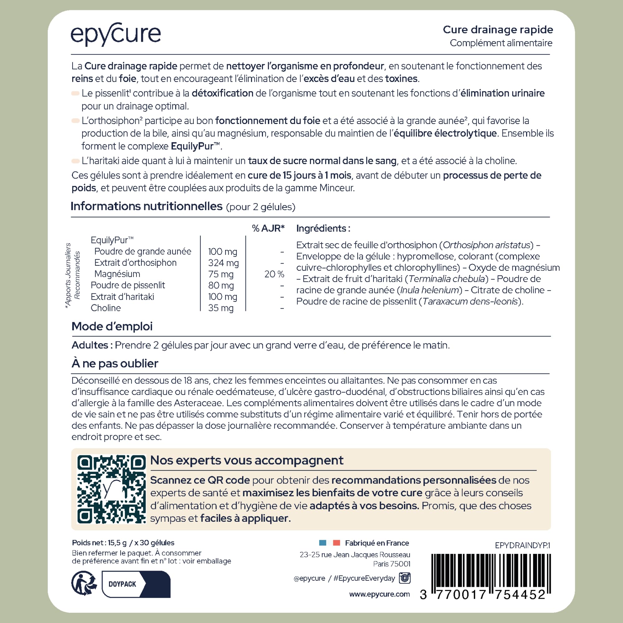 EPYCURE - Cure Drainage Rapide - Élimination des Toxines et Rétention d’Eau - 89,5% Naturel Orthosiphon, Pissenlit, Grande Aunée, Magnésium - 15 Jours - Vegan