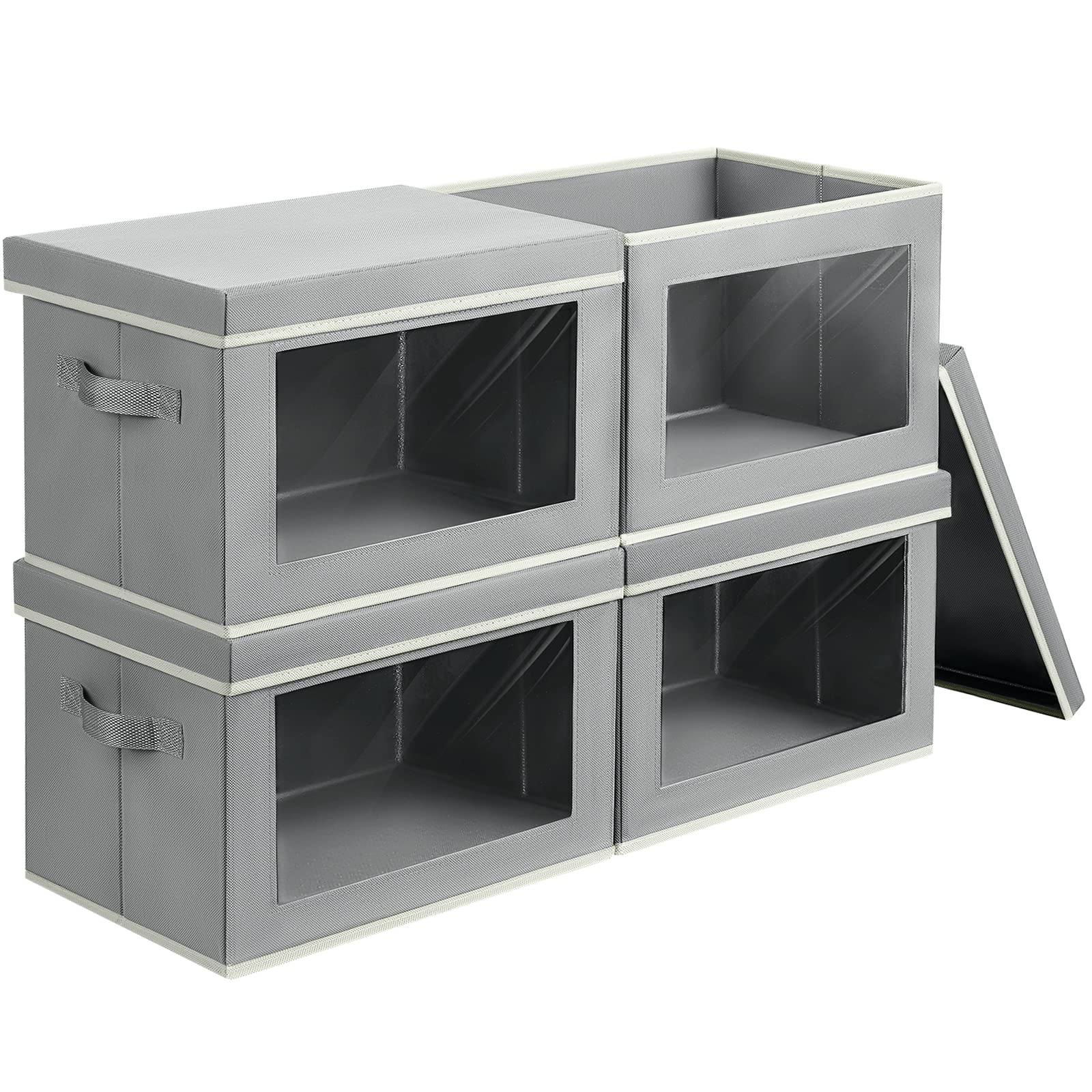 Large Storage Bins with Lids - Fabric Storage Cubes with Window, Foldable Storage Boxes for Clothes, Closet Organizers and Storage Bins for Bedroom, Dorm, Office, Light Grey, 4 Pack
