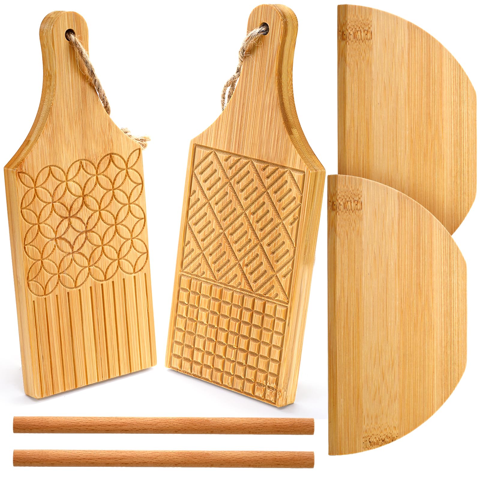 ZENFUN 4 Pieces Bamboo Gnocchi Board Gnocchi Pasta Board, Gnocchi Board Set for Rolling Dough, 2 Pcs Paddles 2 Pcs Rollers, Gnocchi Stripper, Bamboo Authentic Pasta Shaper Tools