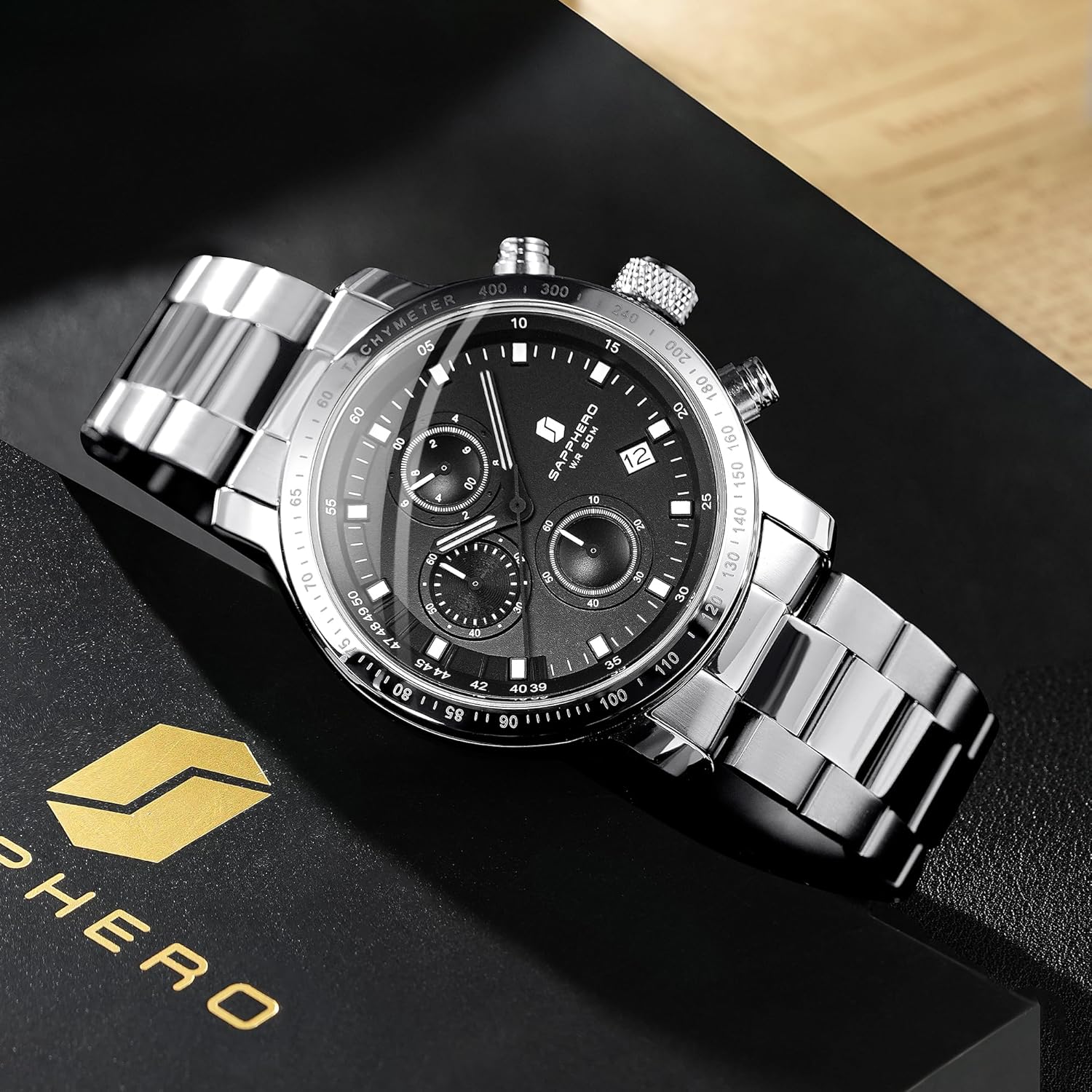 SAPPHERO Men's Wrist Watches - Chronograph Watches for Men, Luxury Stainless Steel, Waterproof Quartz Watch for Business, Casual, and Sports, Stylish Gift for Him Silver and black image 6 of 7 B0DK9CKRG9