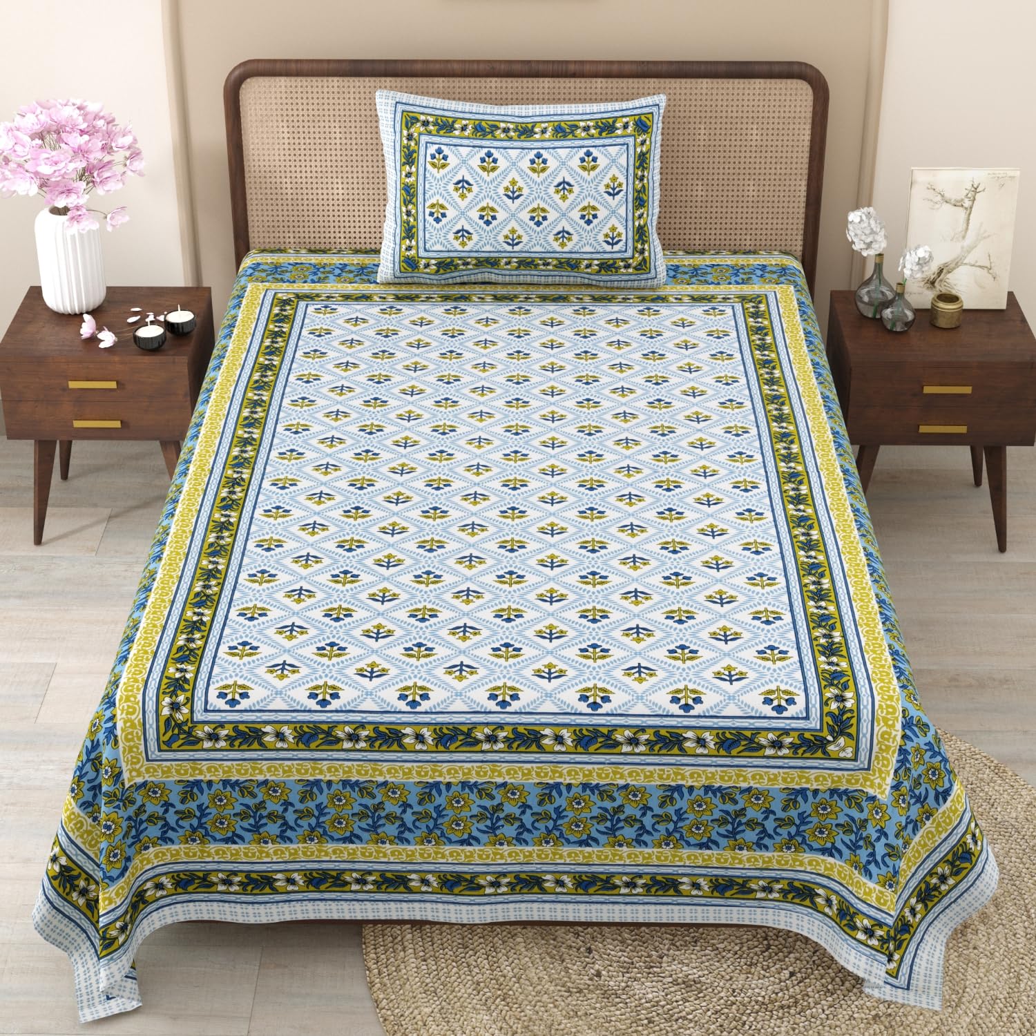 Yugtara® 100% Cotton Single Bedsheet with 1 Pillow Cover, 240 TC Cotton Bedsheet for Single Bed | 60x90 Inch - Orange Block Print (B0D26FP58Q) Amazon Price History, Amazon Price Tracker