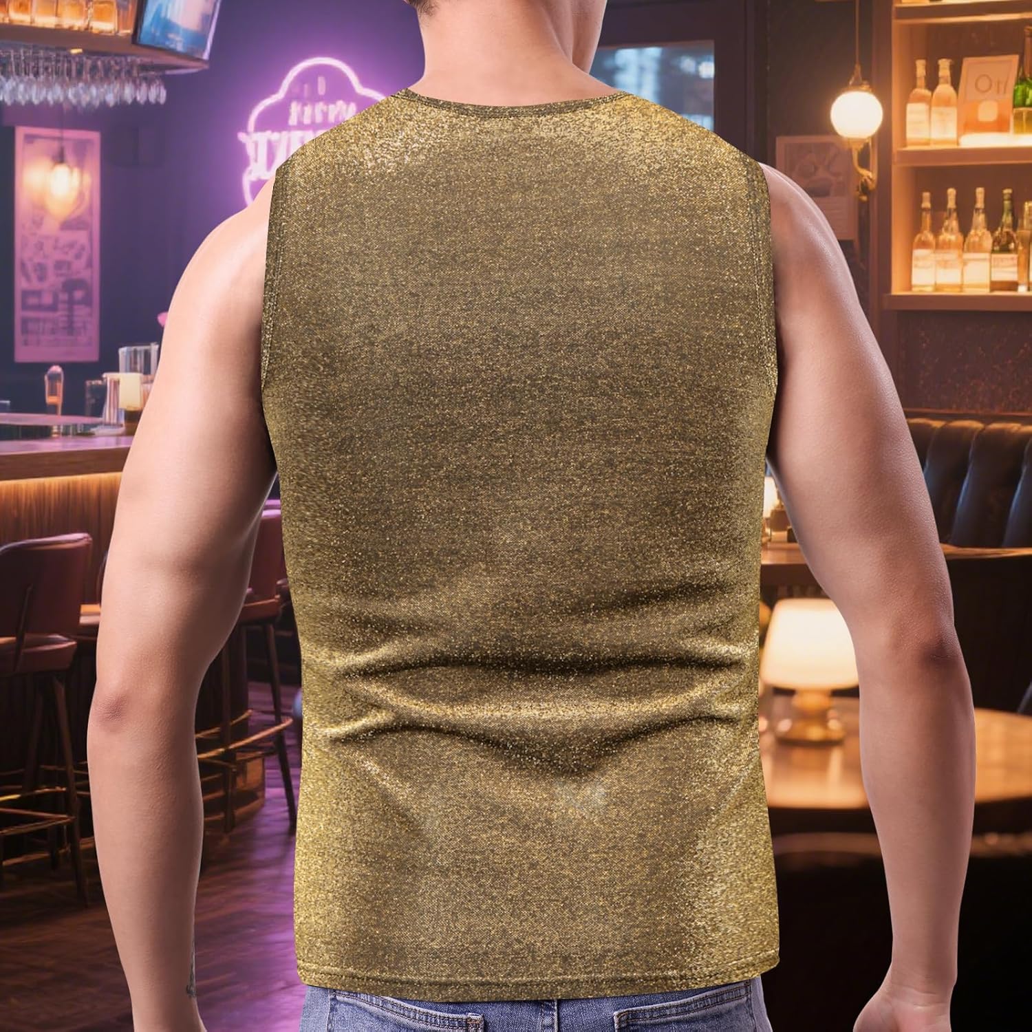 Mens Sparkly Tank Tops Sleeveless Disco Shirt 70s Rave Outfits Shiny Sequin Vest Club Wear - Image 3